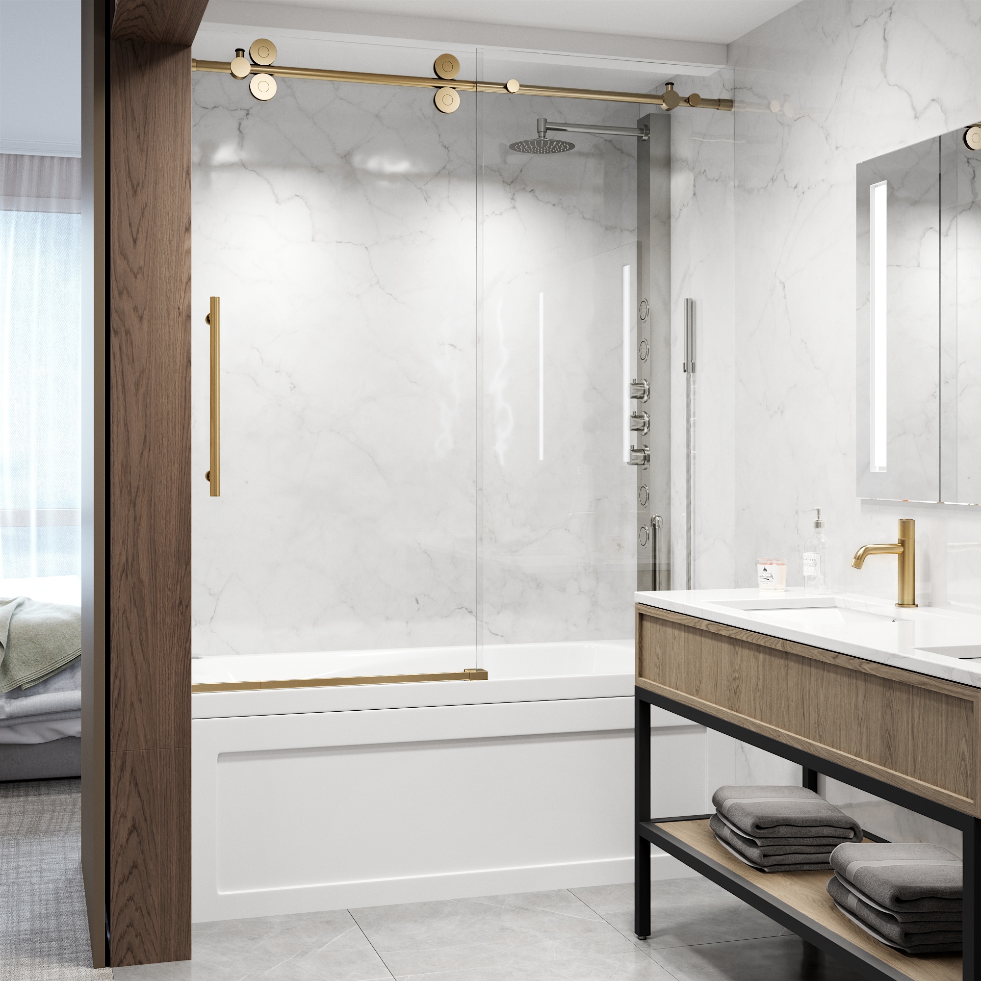 VIGO VG6041MGLM6066 Elan Matte Brushed Gold 56-in to 60-in W x 66-Inches H Frameless Sliding Bathtub door