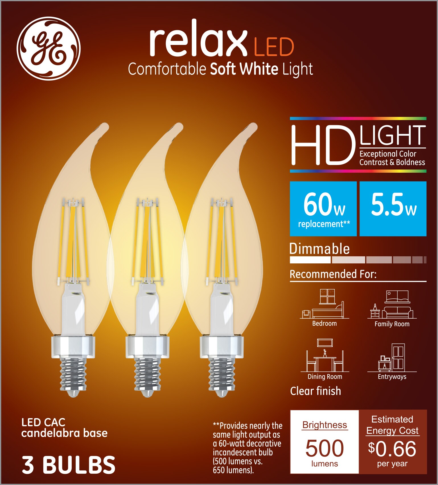 GE Relax 60-Watt EQ CAC Soft White Candelabra Base (e-12) Dimmable LED ...