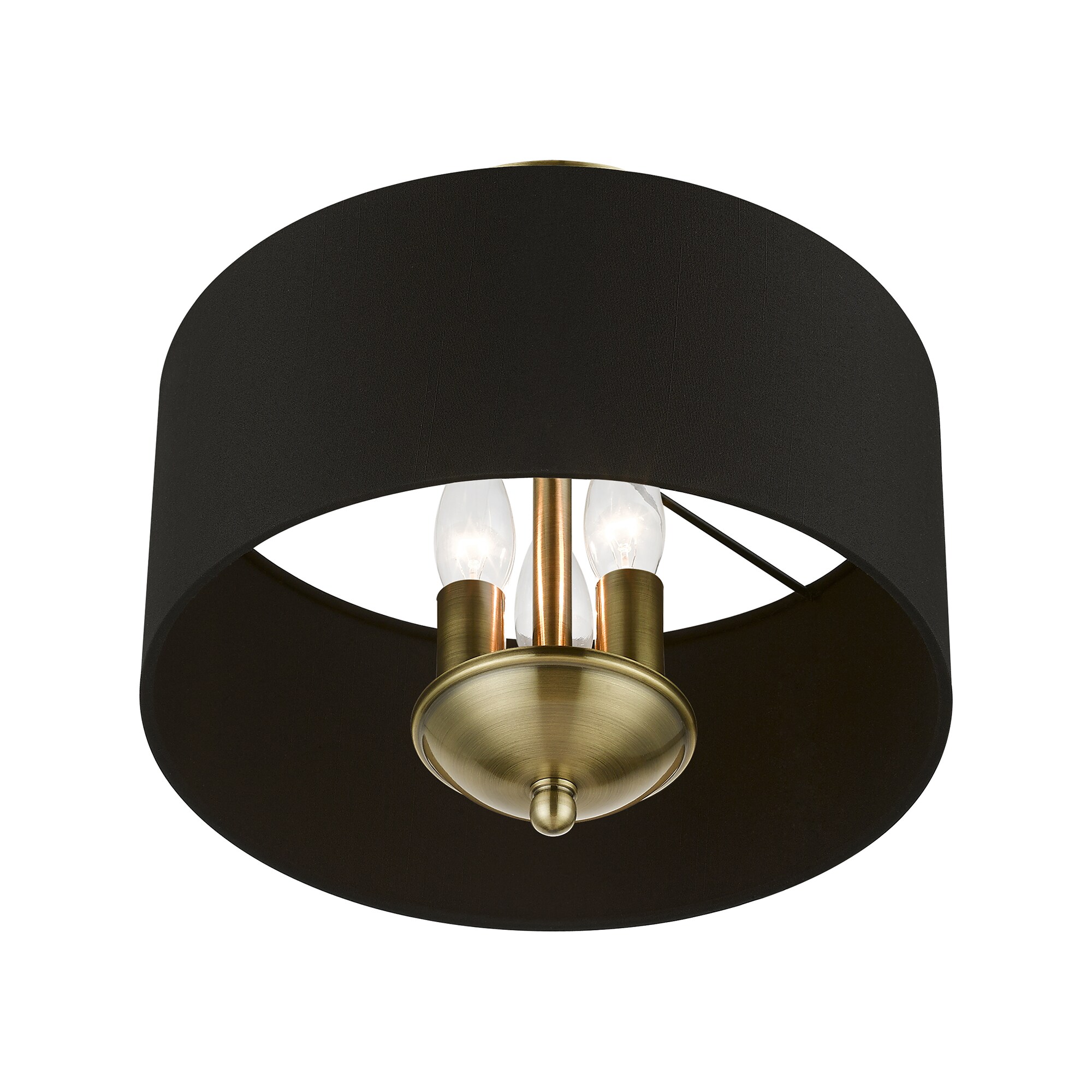 Antique Brass 3-Light Transitional Semi-Flush Mount with Black Fabric Shade