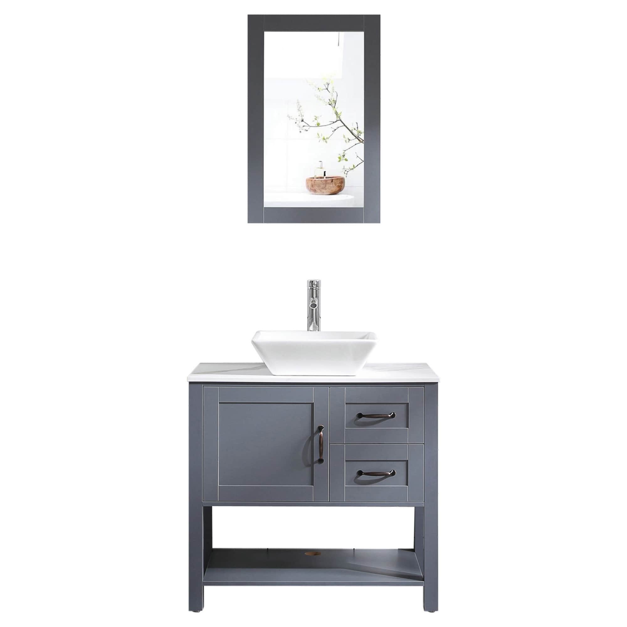WELLFOR GY-BVNY GY Freestanding Bathroom Vanity 30-in Gray Bathroom Vanity with Marble pattern Wood Top (Mirror Included)