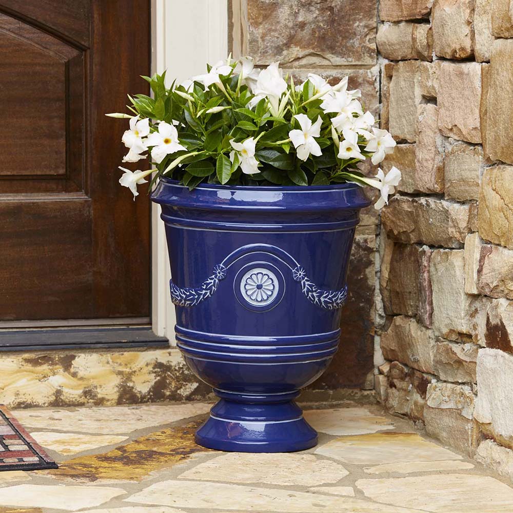 Classical Navy Resin Urn Planter with Molded Floral Details