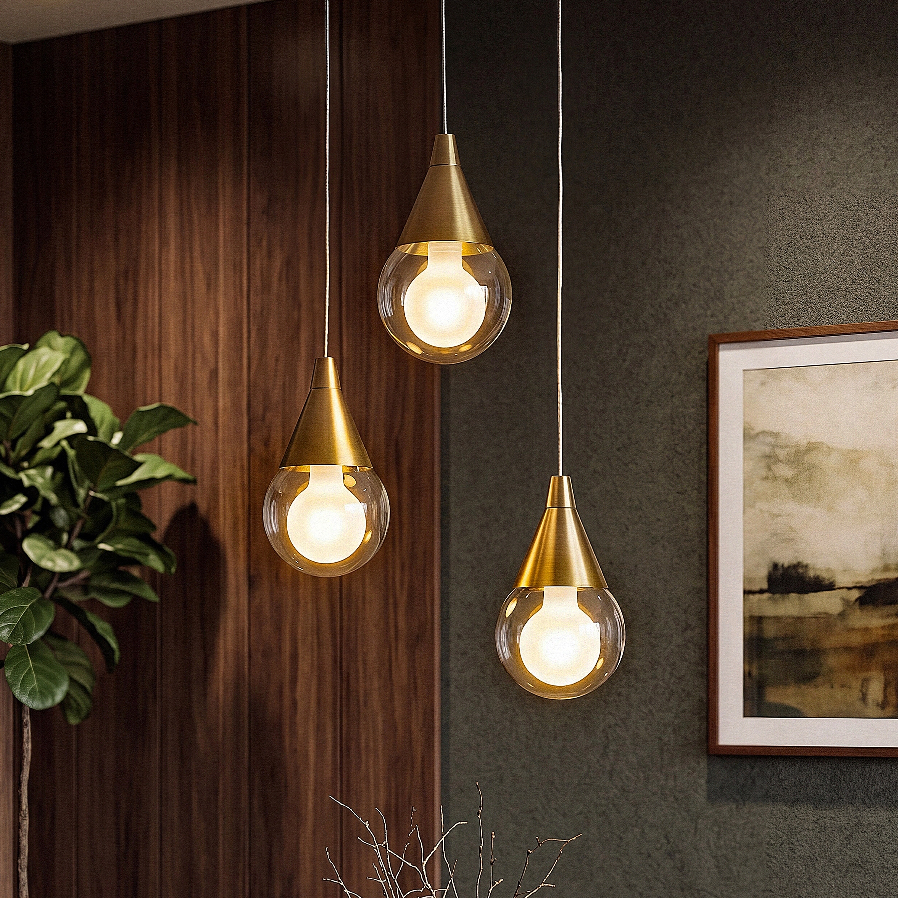 LITTLE TREE 3-Light Brushed Brass LED Pendant Light with Double Glass Shades Modern Adjustable Hanging Light Fixture for Kitchen Island