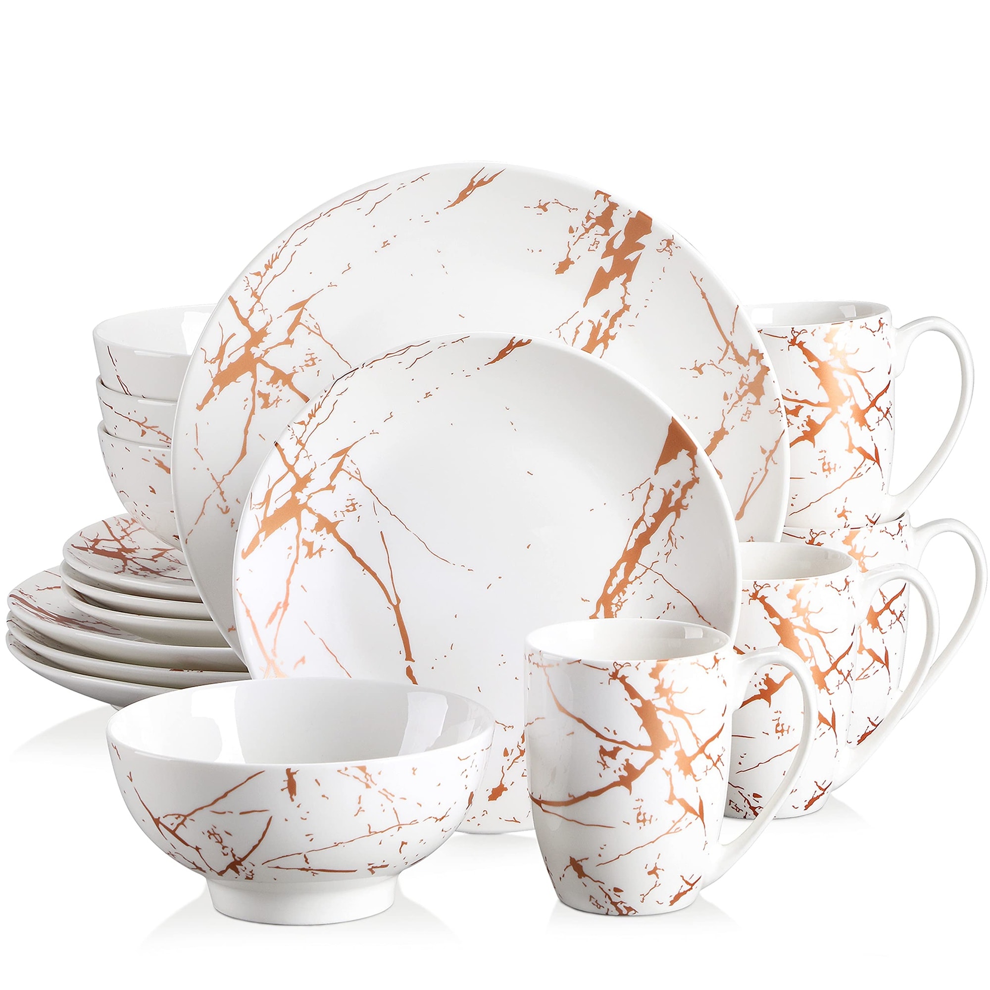 Aoibox  White Porcelain 16 Piece Dinnerware Set for 4 with Gold Splash Glaze Plates Bowls and Mugs