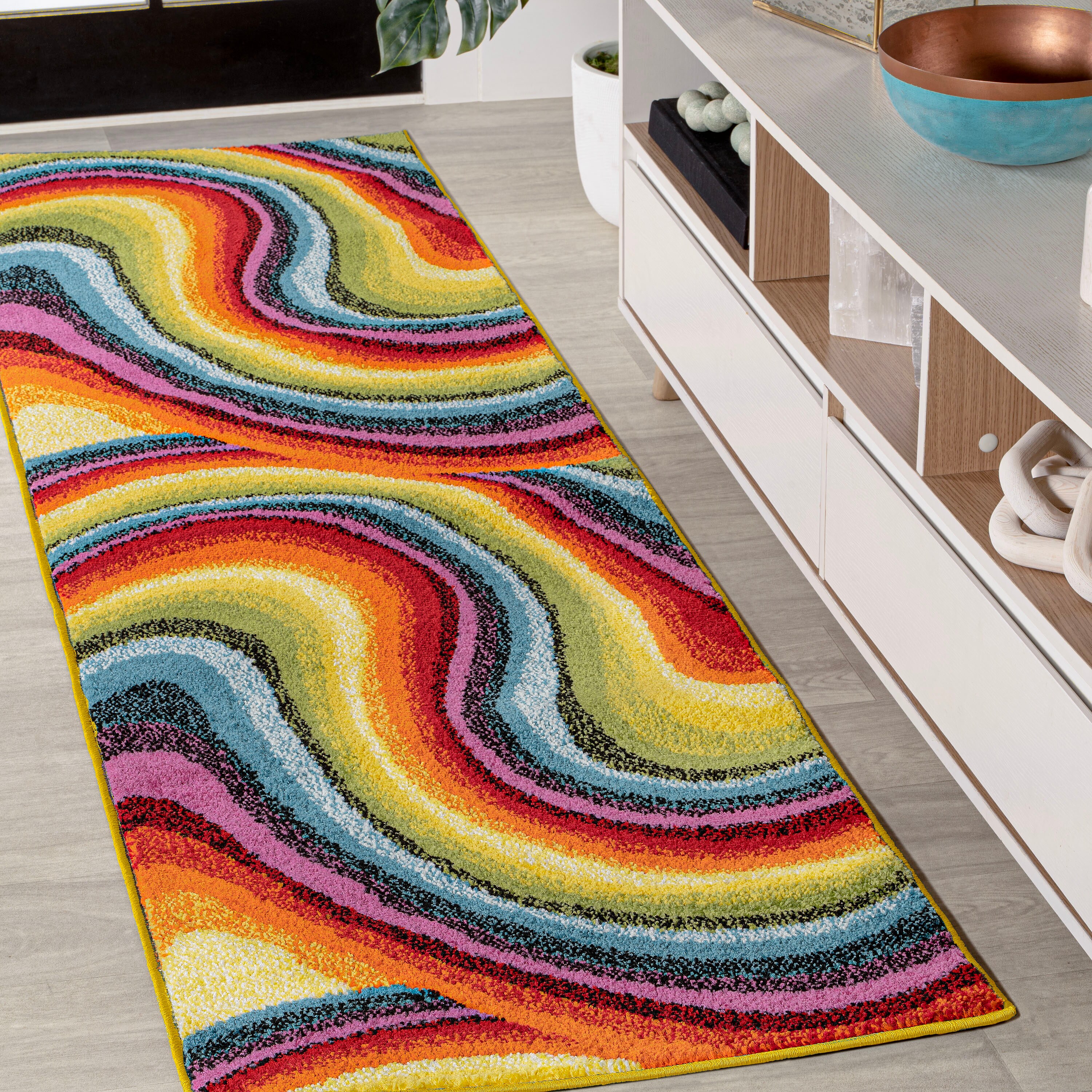 Art Deco Industrial Rug Multi-Color Flowing Swirls Abstract Carpet