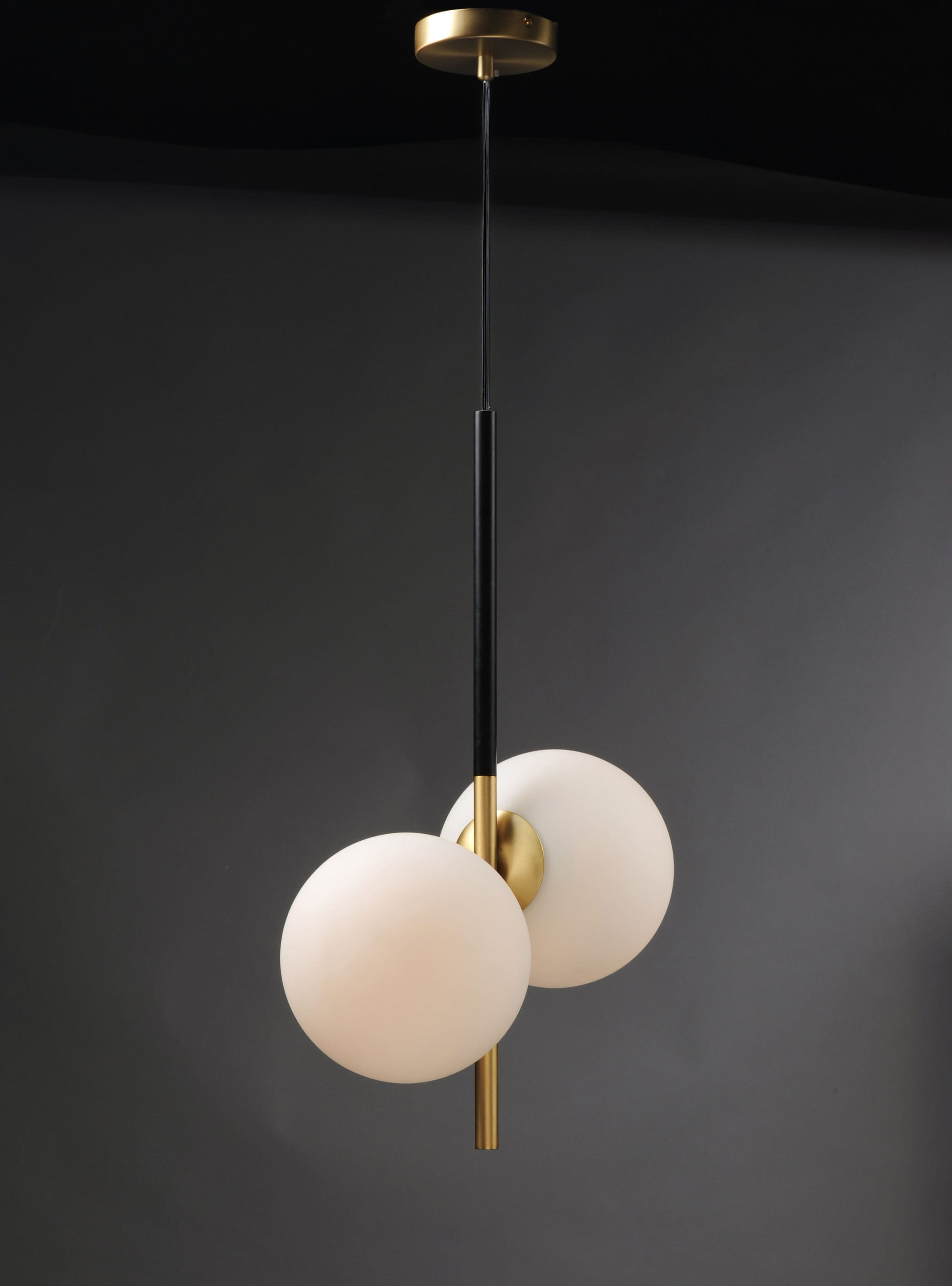 Scandinavian Mid-Century Modern Satin Brass & Black Glass Pendant