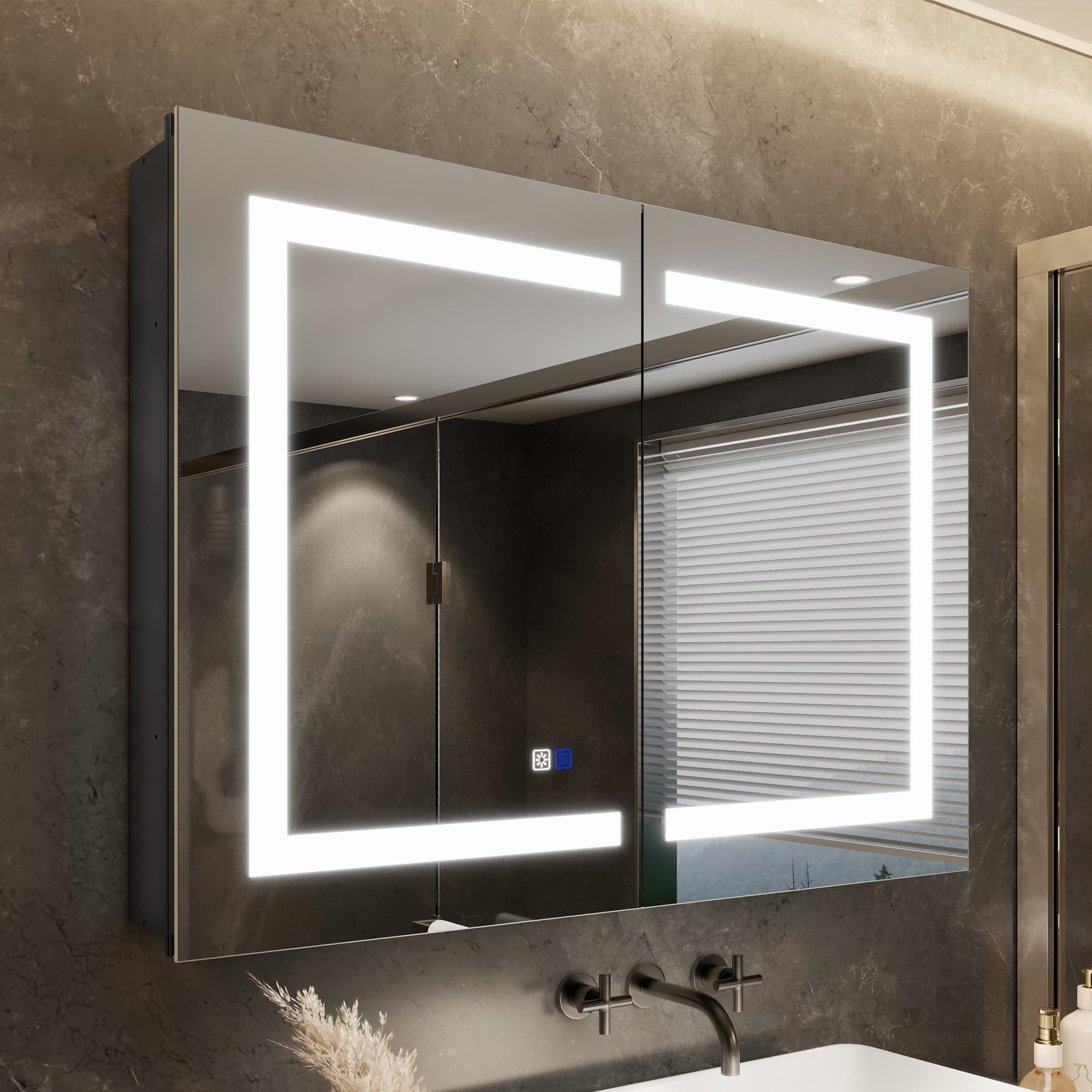 ExBrite EXMC3224V17DB Slate 36-in x 26-in Lighted LED Fog Free Surface/Recessed Mount Matte Black Mirrored Rectangle Soft Close Medicine Cabinet