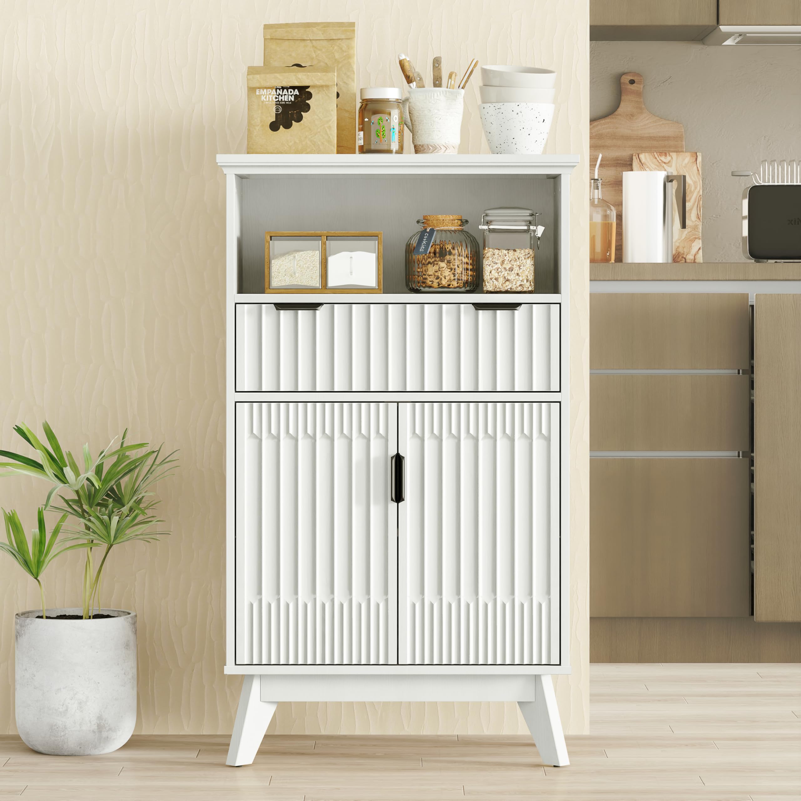 OMOMMD - Fluted Cabinet 40in Coffee Bar Drawer Door Bathroom Storage Open Shelf Kitchen Pantry Si...