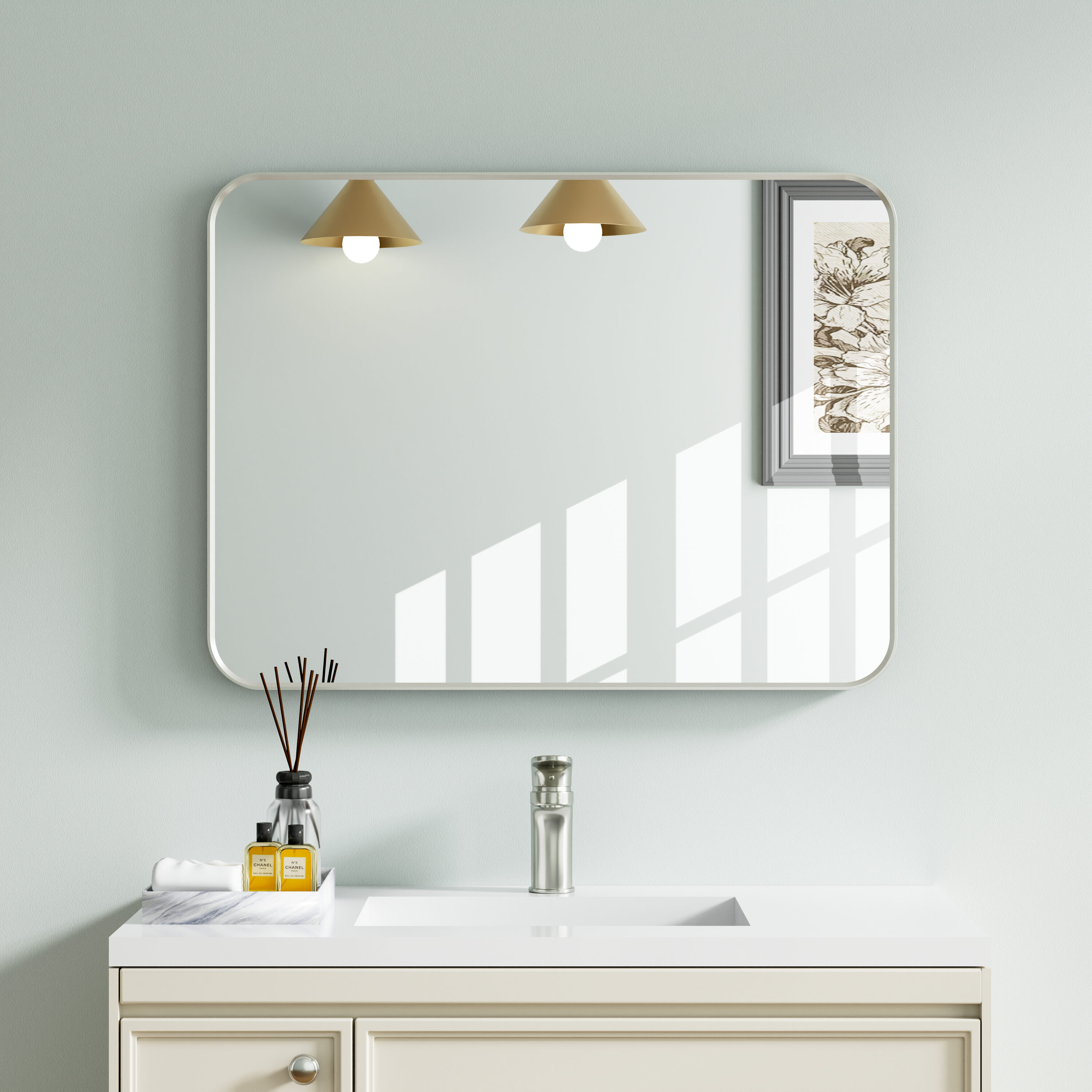 Forclover BE Bathroom Mirror 24-in x 32-in Beveled Rectangle Bathroom Vanity Mirror ( Brushed Nickel )