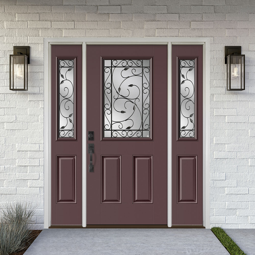 Masonite Pergola 64 in x 80 in Fiberglass Half Lite Right Hand Inswing Currant Painted Prehung Front Door with Sidelights with Brickmould Insulating Core at Lowes