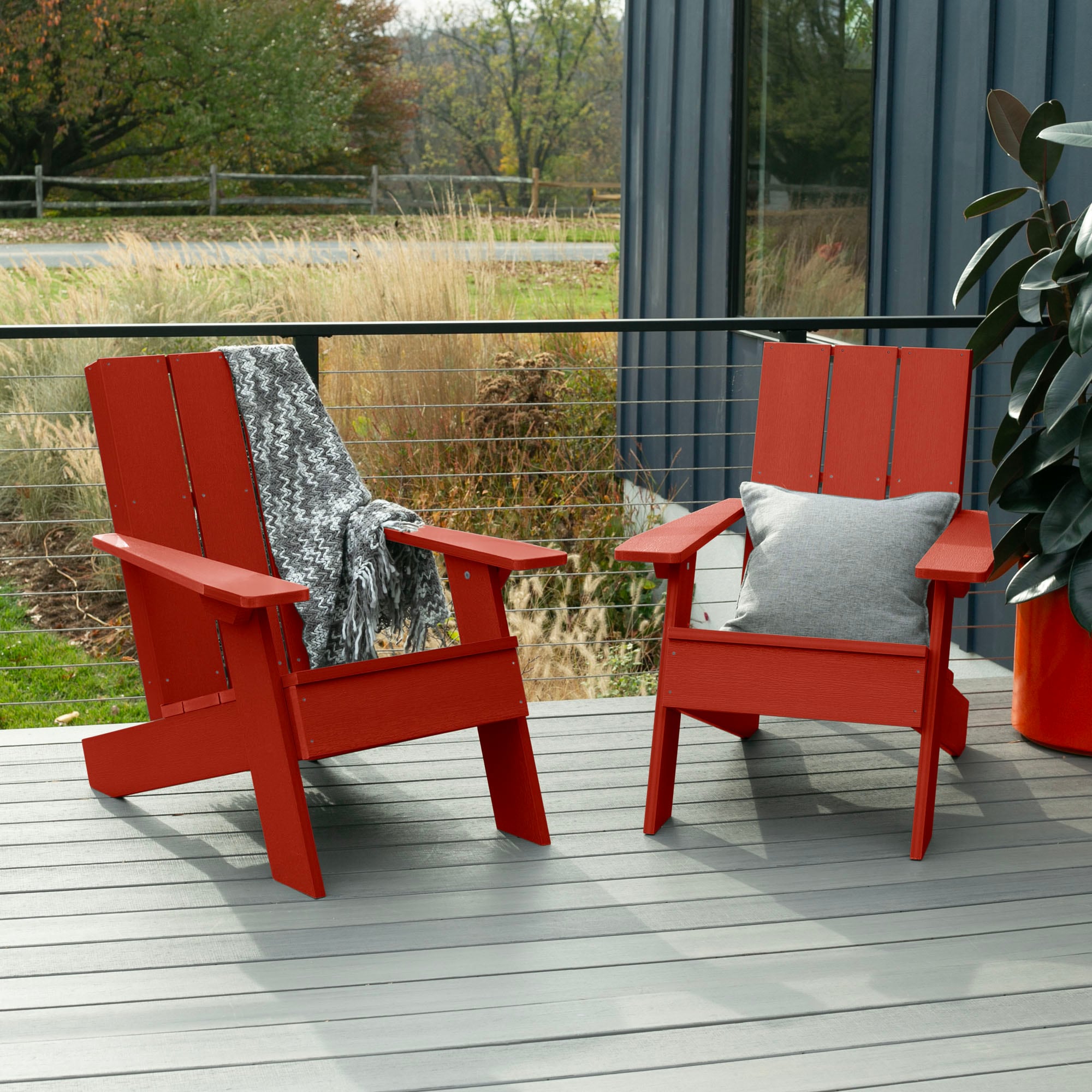 highwood AD-KITCHRAD04-RED Italica Modern Set of 2 Rustic Red Poly-lumber Frame Stationary Adirondack Chair with Slat Seat