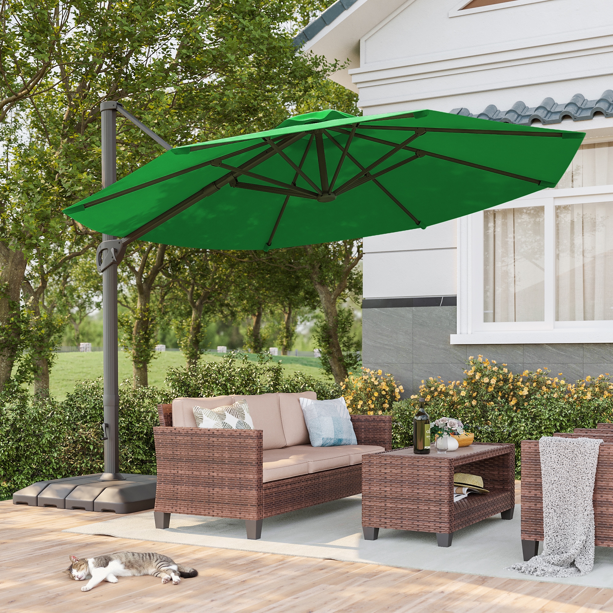 ACEGOSES LW-1159KG-LED-WB 11-ft Aluminum Green No-tilt Cantilever Patio Umbrella with Base
