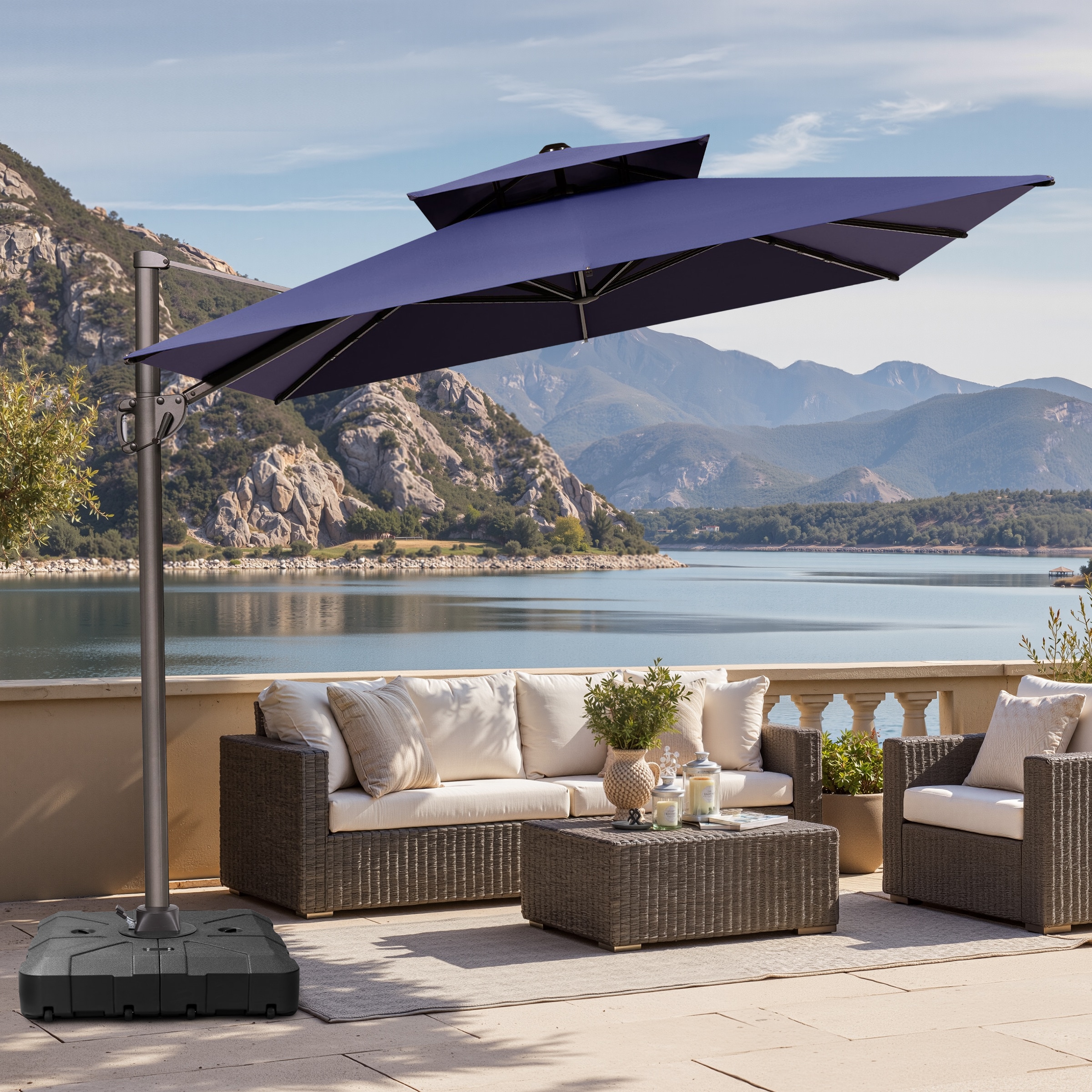 12 ft patio umbrella with base Crestlive Products 12-ft Aluminum Navy Slide-tilt Cantilever Patio Umbrella with Base Polyester one_size