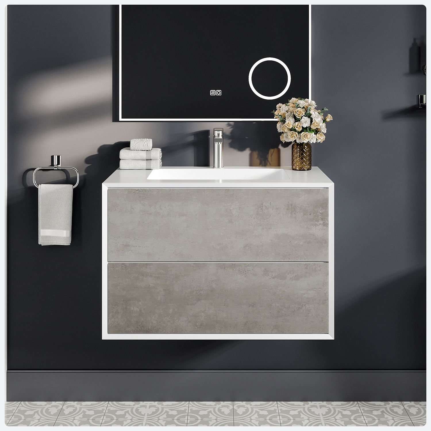 Eviva EVVN777-36CGR-WH Vienna 36-in Concrete Gray/ White Frame Single sink Floating Bathroom Vanity with White Acrylic Top