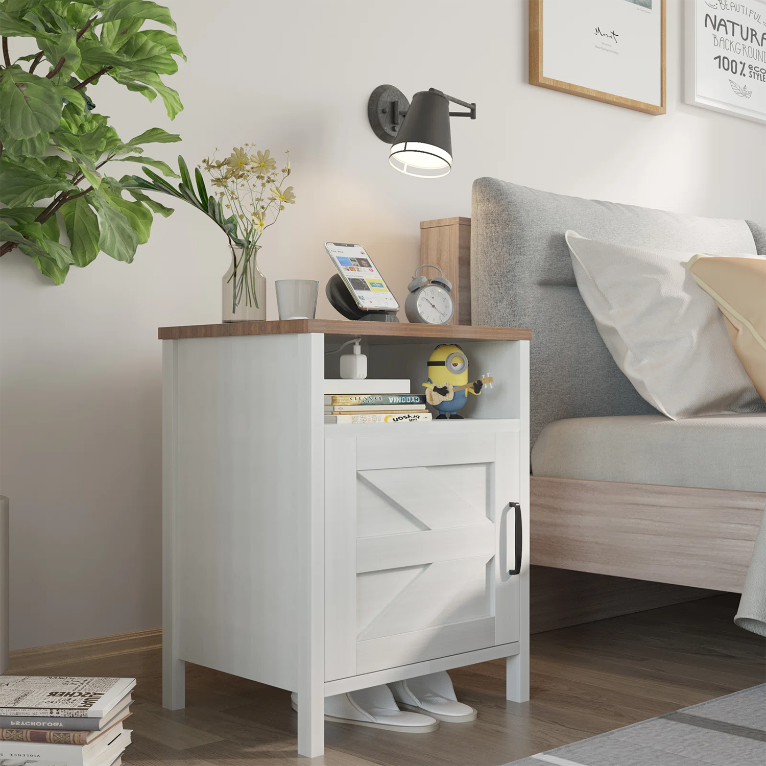Vineego Contemporary White Wood Nightstand with Barn Door