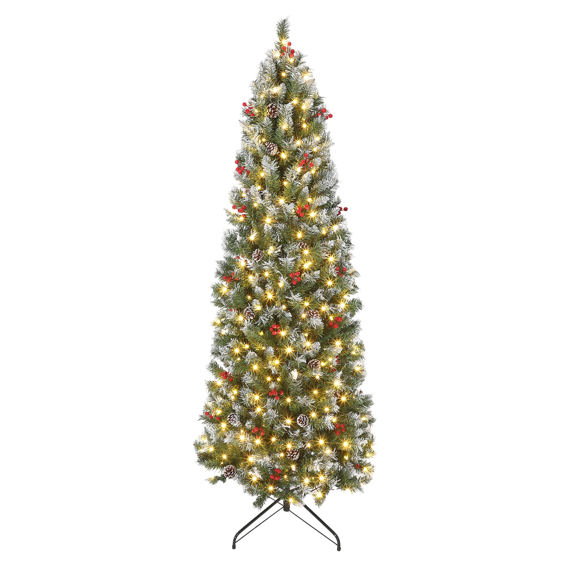 Aoile 7.5ft Pre-Lit Snow Flocked Artificial Christmas Tree with 450 Warm White LED Lights Red Berries and Pine Cones 3-Section Easy Assembly Xmas Tree for Home Holiday Indoor Decoration