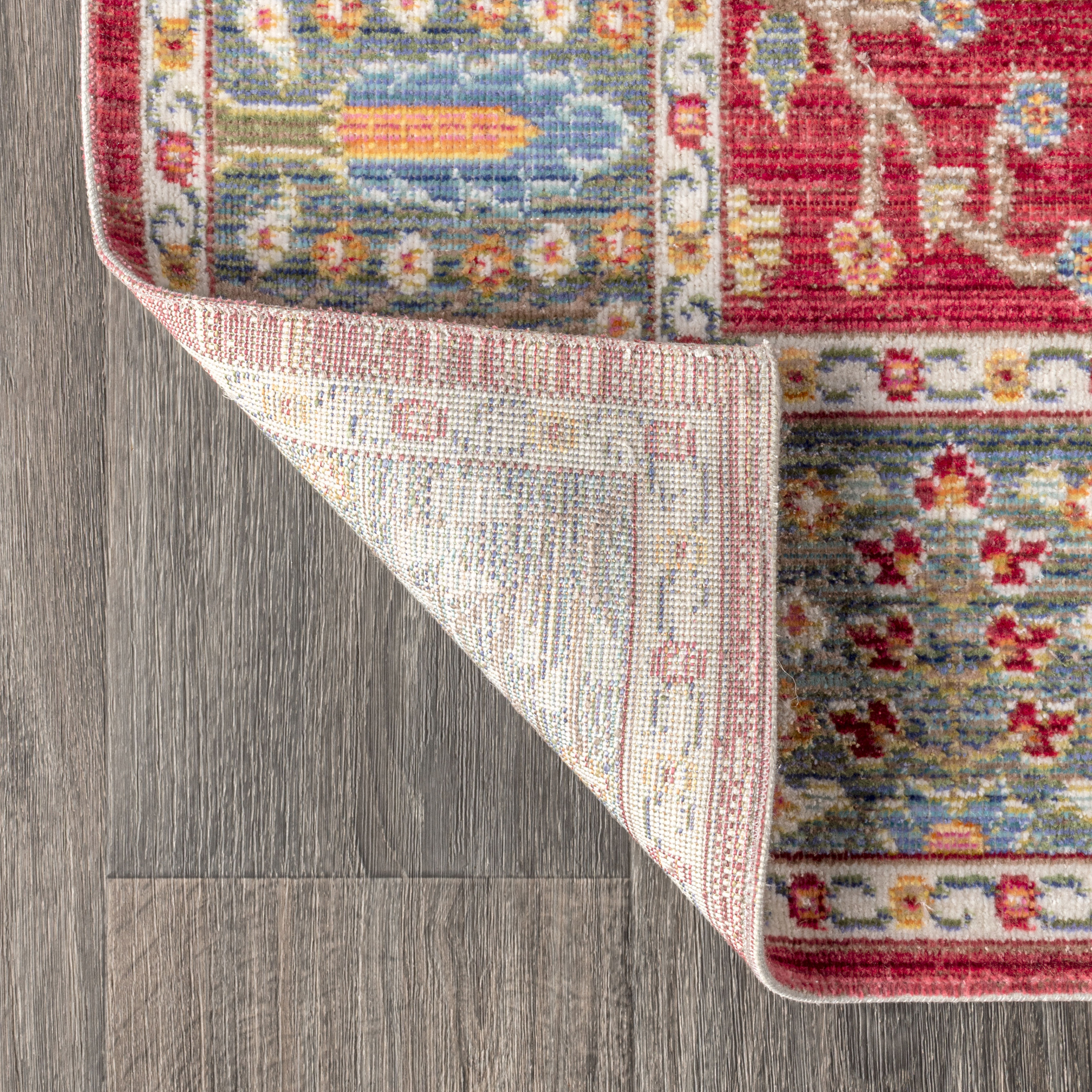 Burgundy and Light Blue Synthetic Floral Area Rug