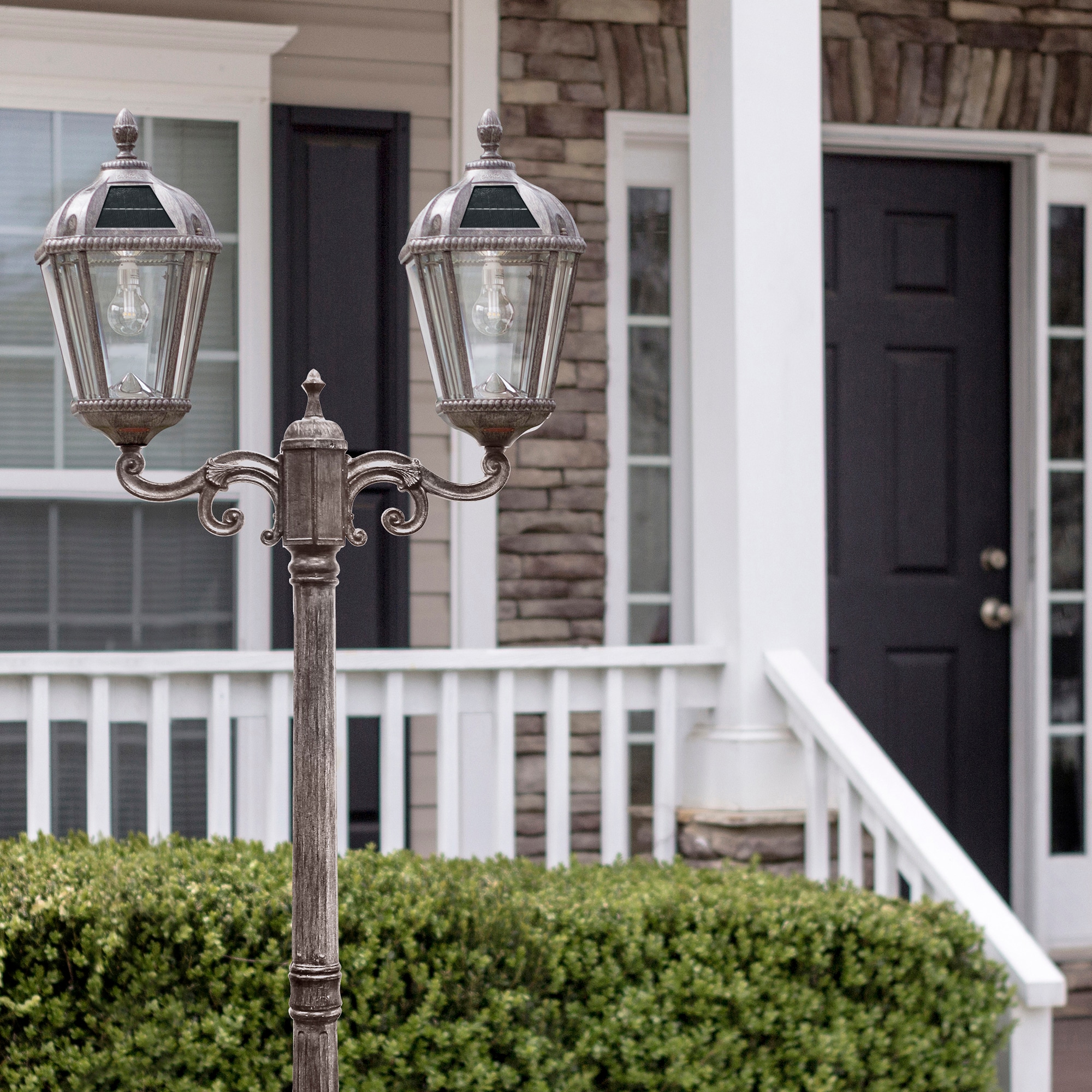 Weathered Bronze Double Head Solar Lamp Post with Beveled Glass