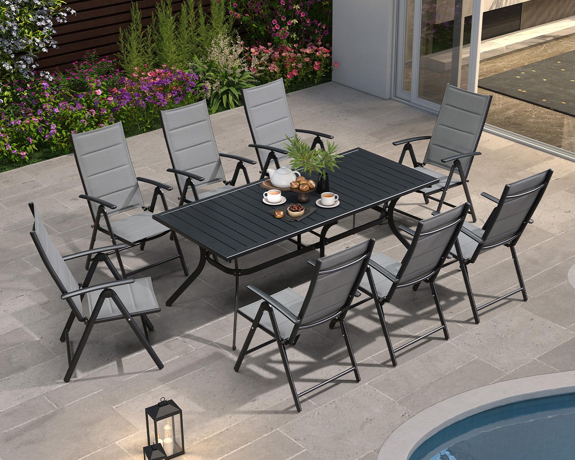 PURPLE LEAF LS05-DS09-AJM-GY 9 -Piece Grey Patio Dining Set Aluminum Rectangle Table with 8 Black Cushions Stationary Chairs