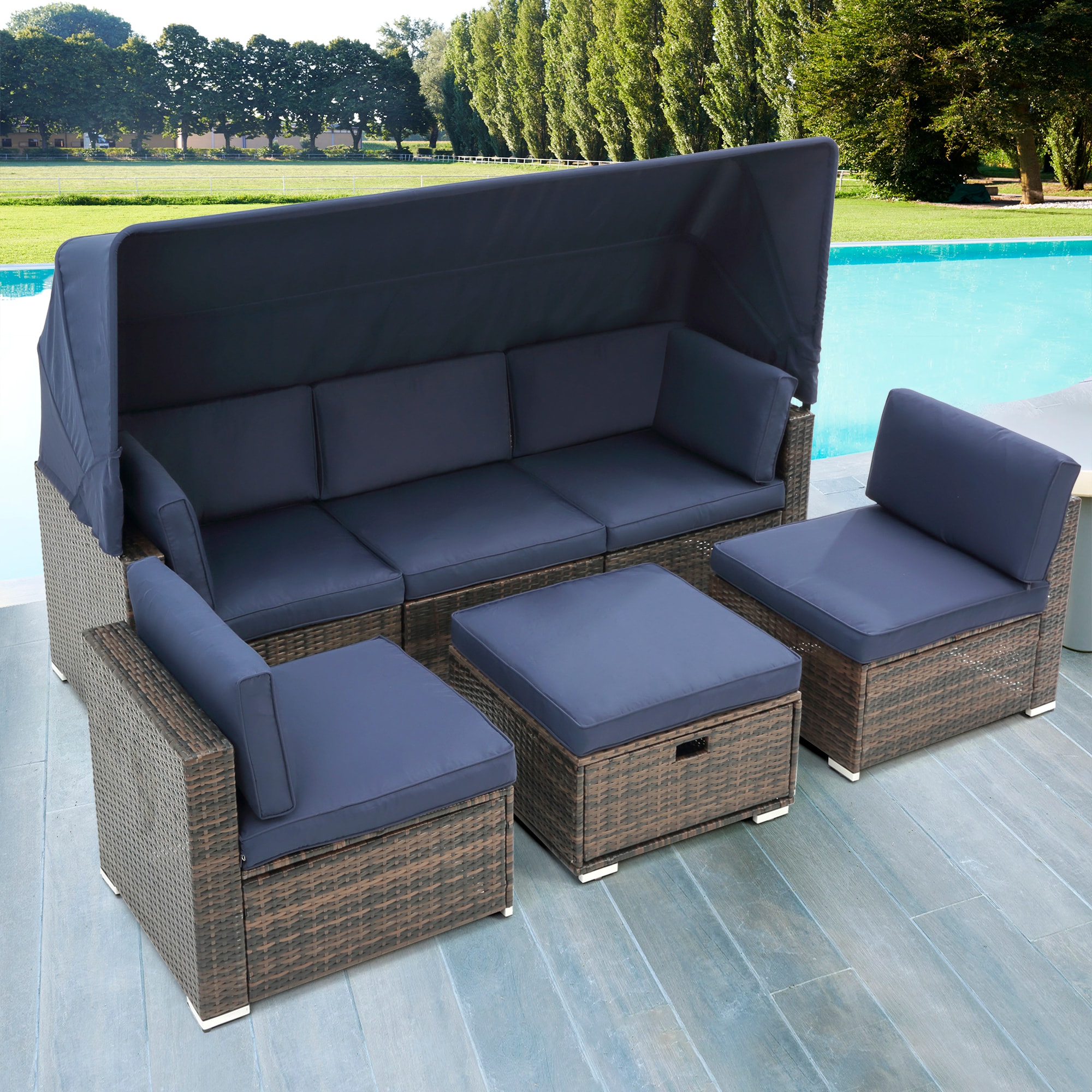 Bayfeve BF-0014HF 7pcs Outdoor Garden Patio Furniture PE Rattan Wicker Sectional Cushioned Sofa Set 7 -Piece Rattan Patio Sofa Conversation Set with Blue Cushions