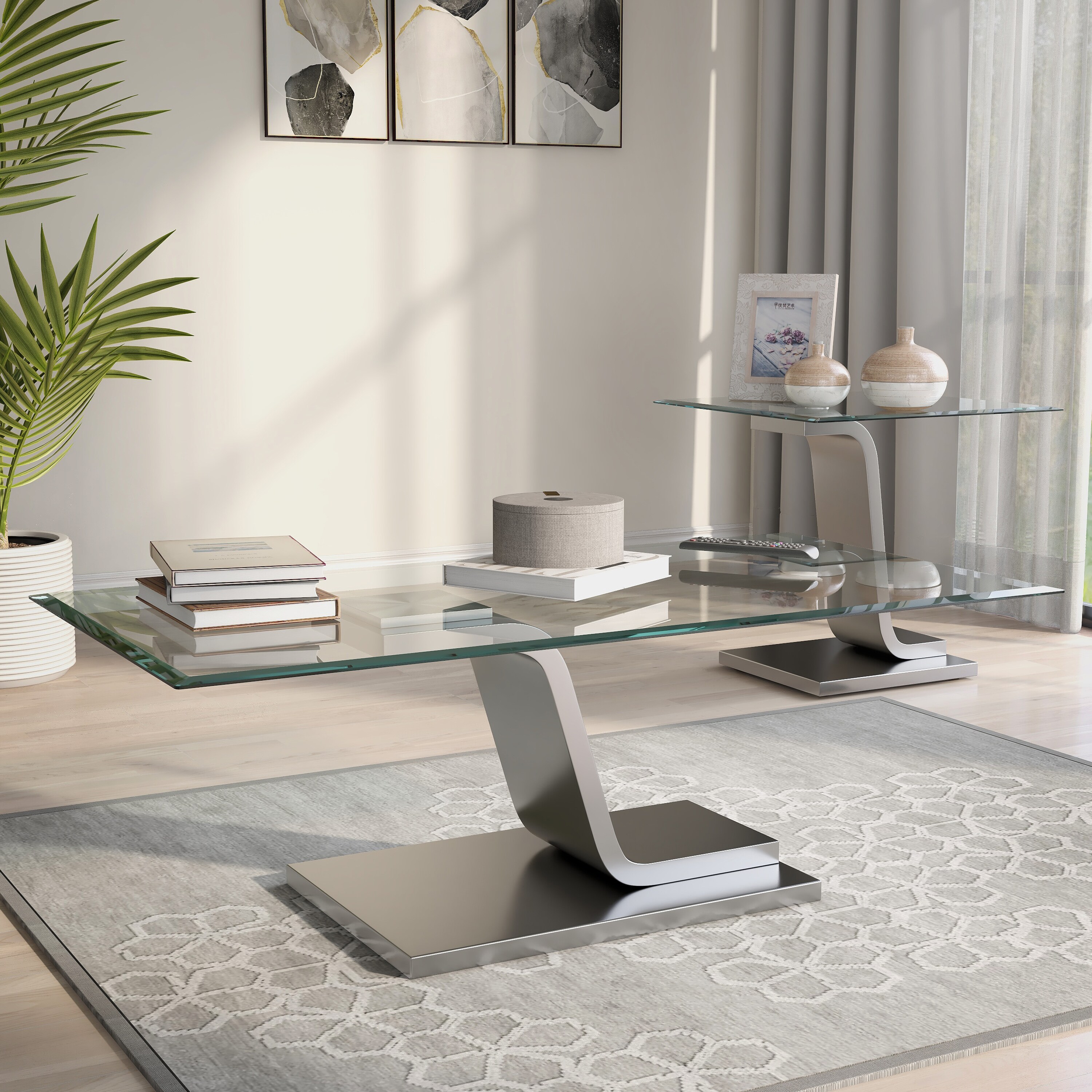 Furniture of America IDF-4551-2PC Janesville Modern Clear Accent Table Set