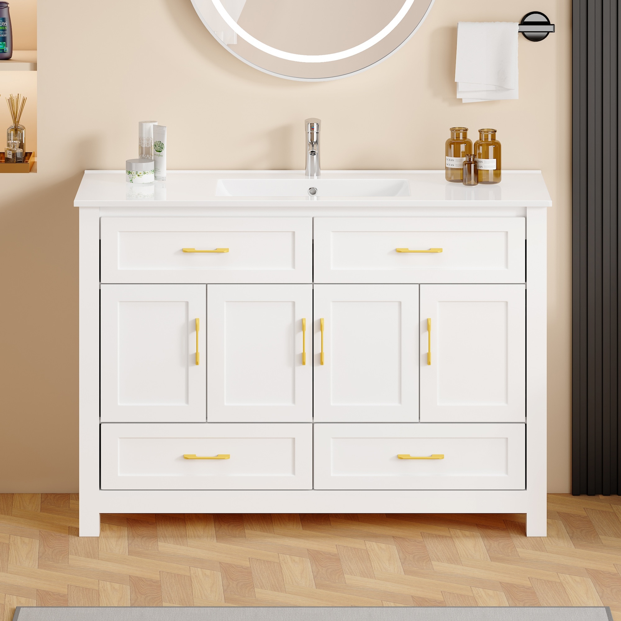 Lirago 48 in White Bathroom Vanity with Resin Sink Combo Abundant Storage Cabinet 4 Soft Close Doors and 4 Drawers for Bathroom