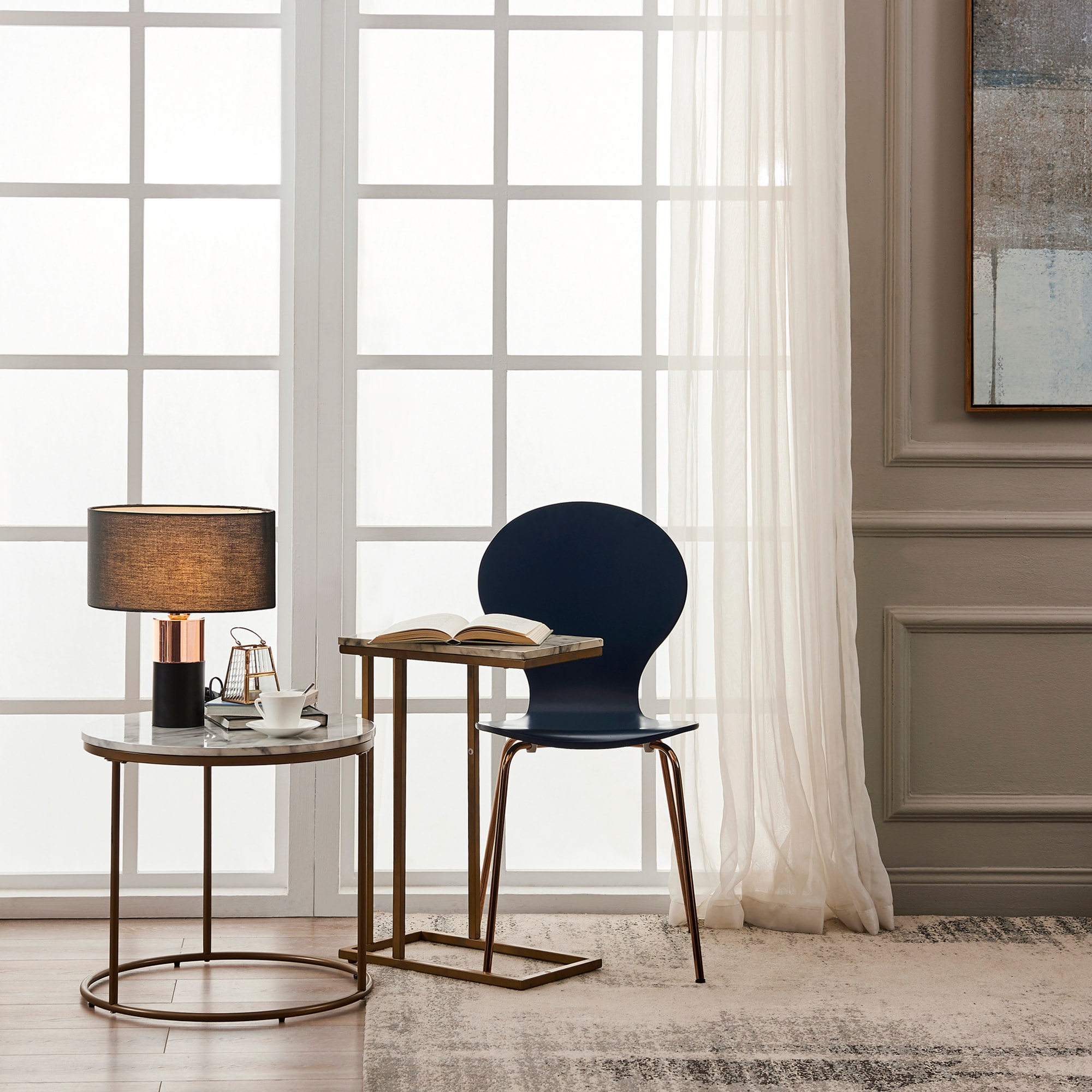 Modern Faux Marble and Brass C-Shaped Side Table