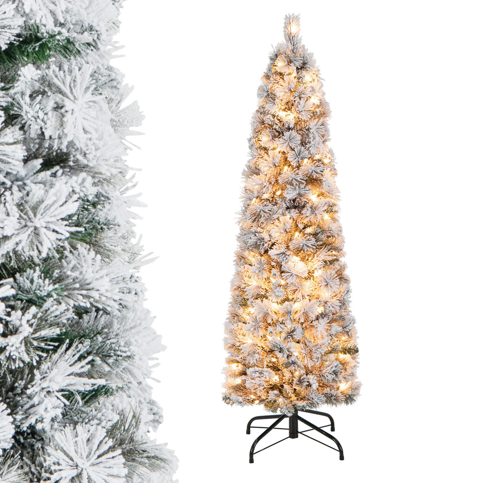 WELLFOR HYG24078US 4.5-Feet Pre-lit Slim Flocked White Artificial Christmas Tree with White LED Lights