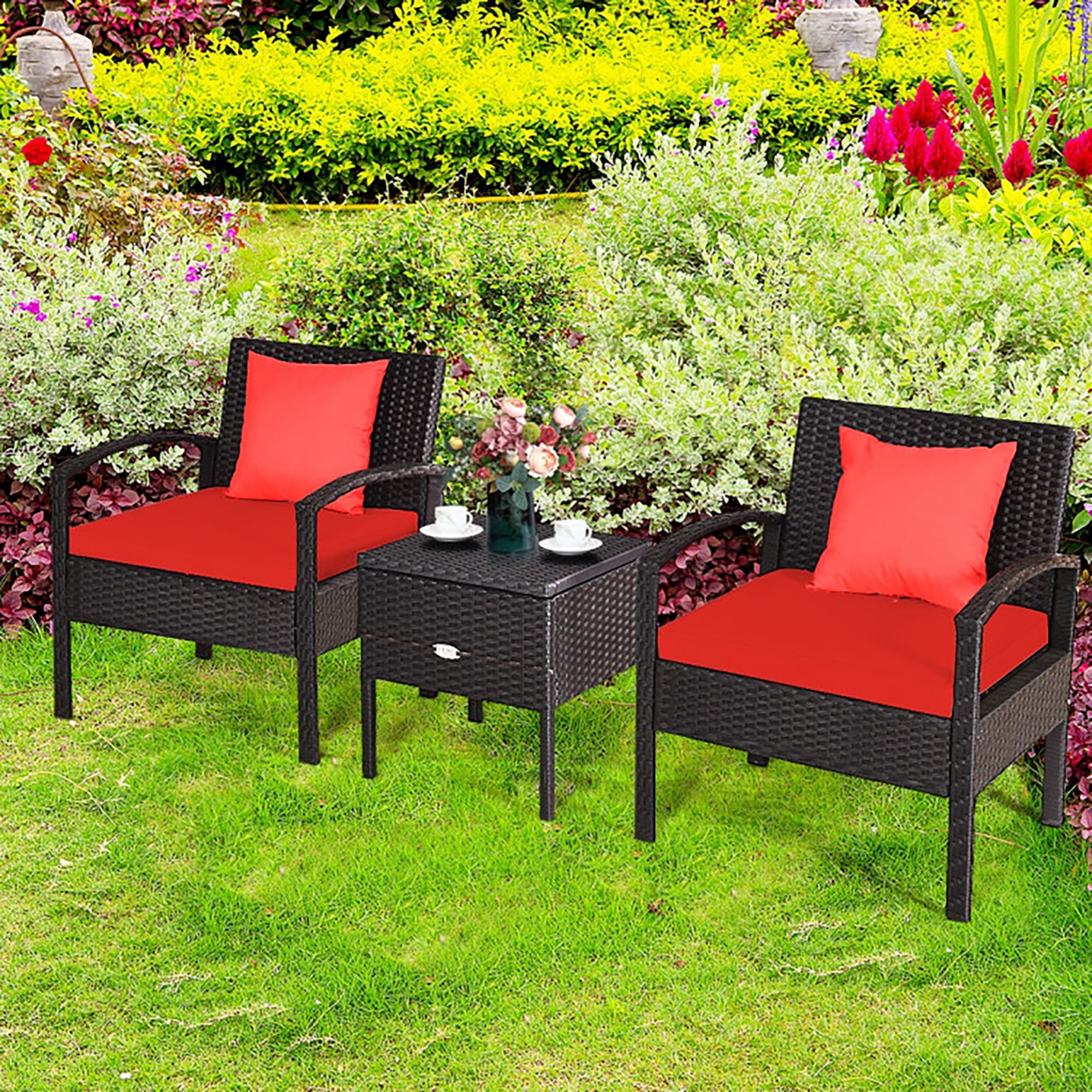 Red Cushioned Black Rattan 2-Person Patio Conversation Set