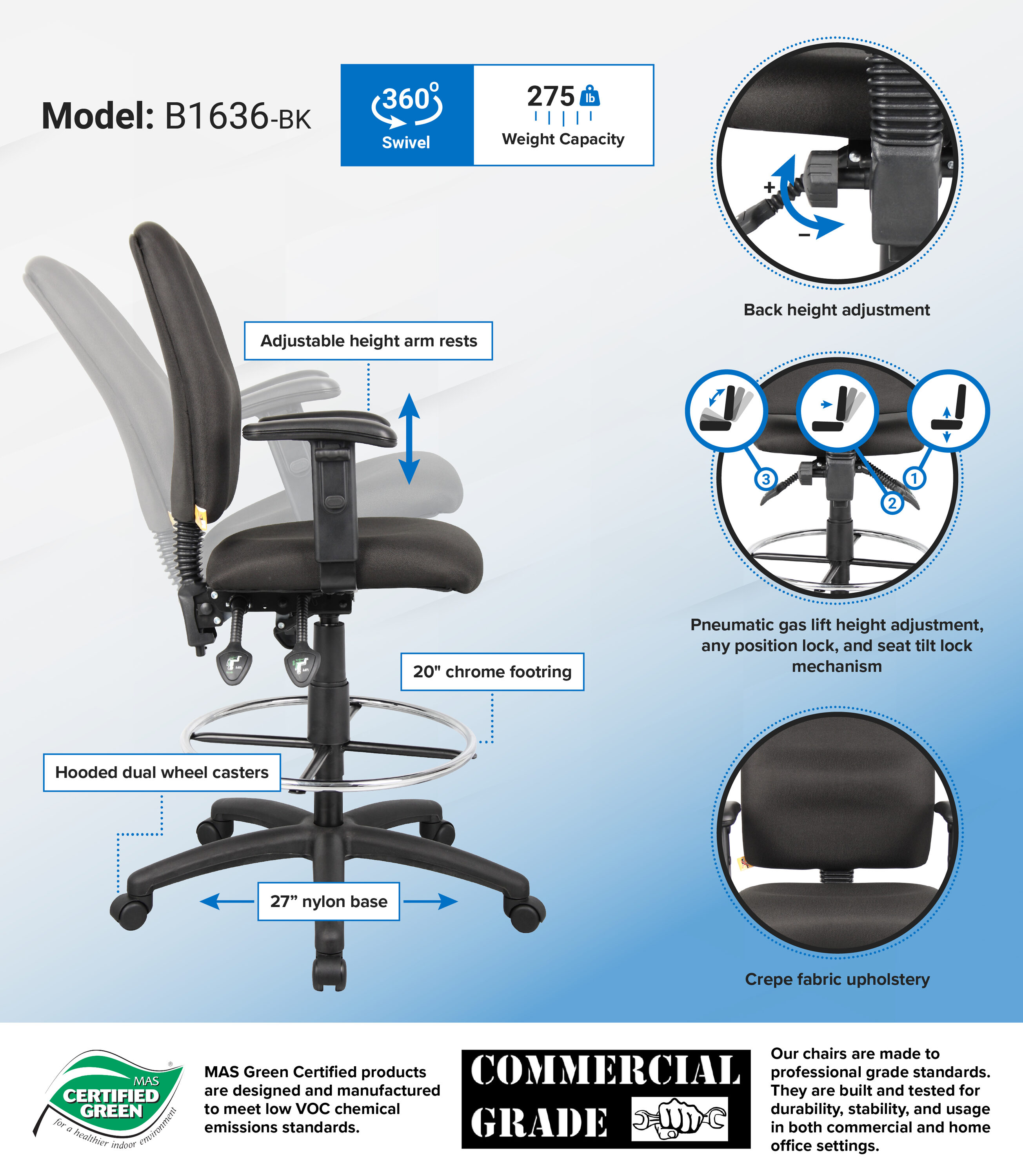 Black Fabric Multi-Function Drafting Stool with Adjustable Arms