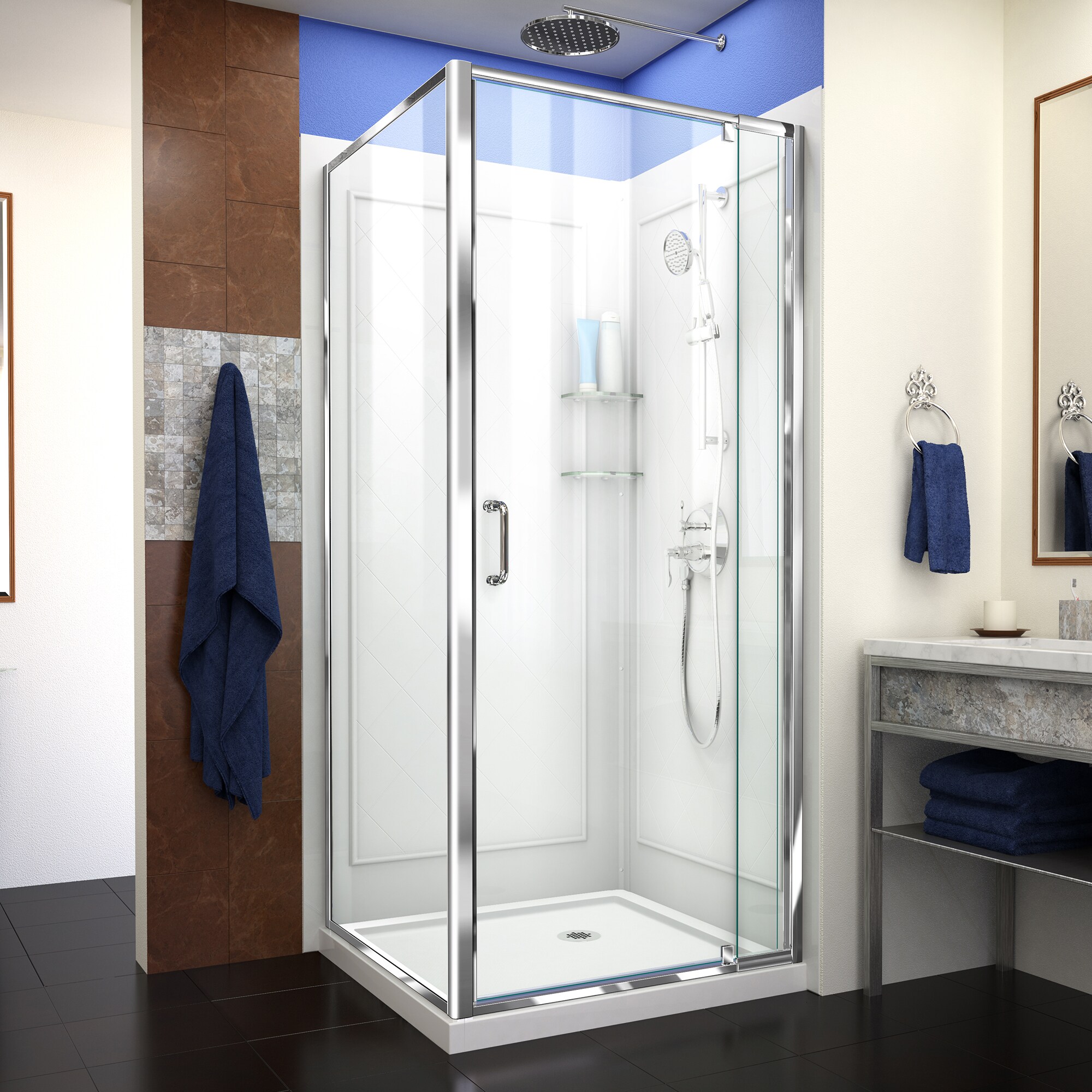 DreamLine Flex 3 -Piece 32-in W x 32-in L x 77-in H Square Corner shower kit ( Corner Drain) Base, Wall, Door Chrome Hardware Included