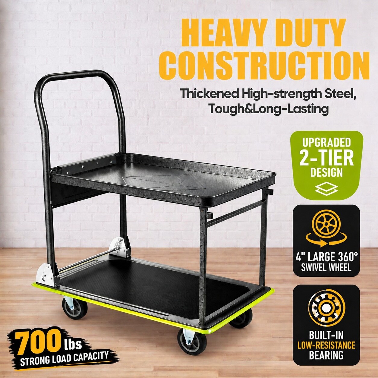 Mikiotto Foldable Platform Cart 700lbs Capacity Two Tier Push Dolly ...