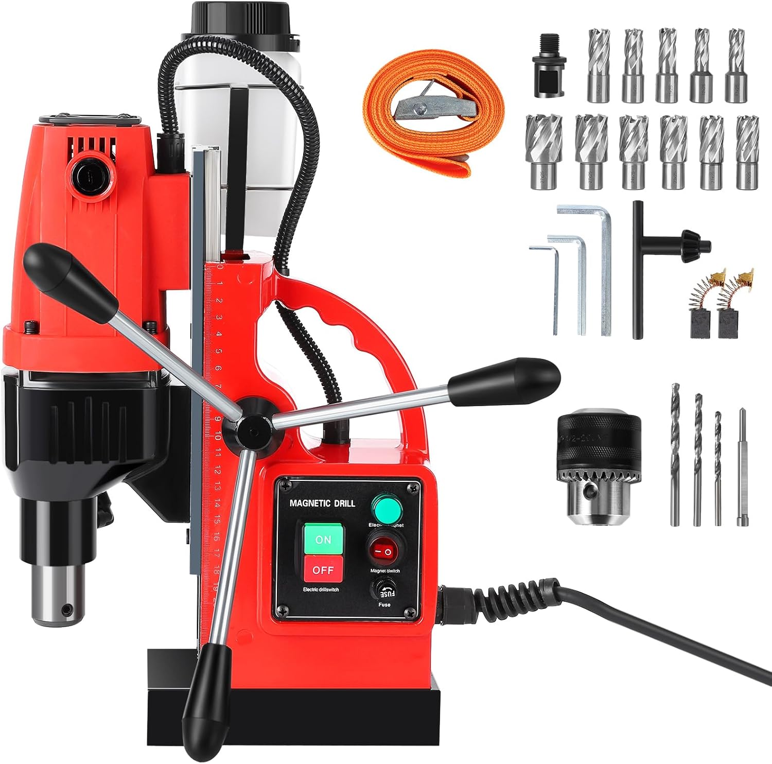 Garvee Magnetic Drill Press 110V - 1.57in Boring Diameter 1100W Motor 580 RPM Includes 12 Drill Bits Portable Magnet Drill for Industrial and Home