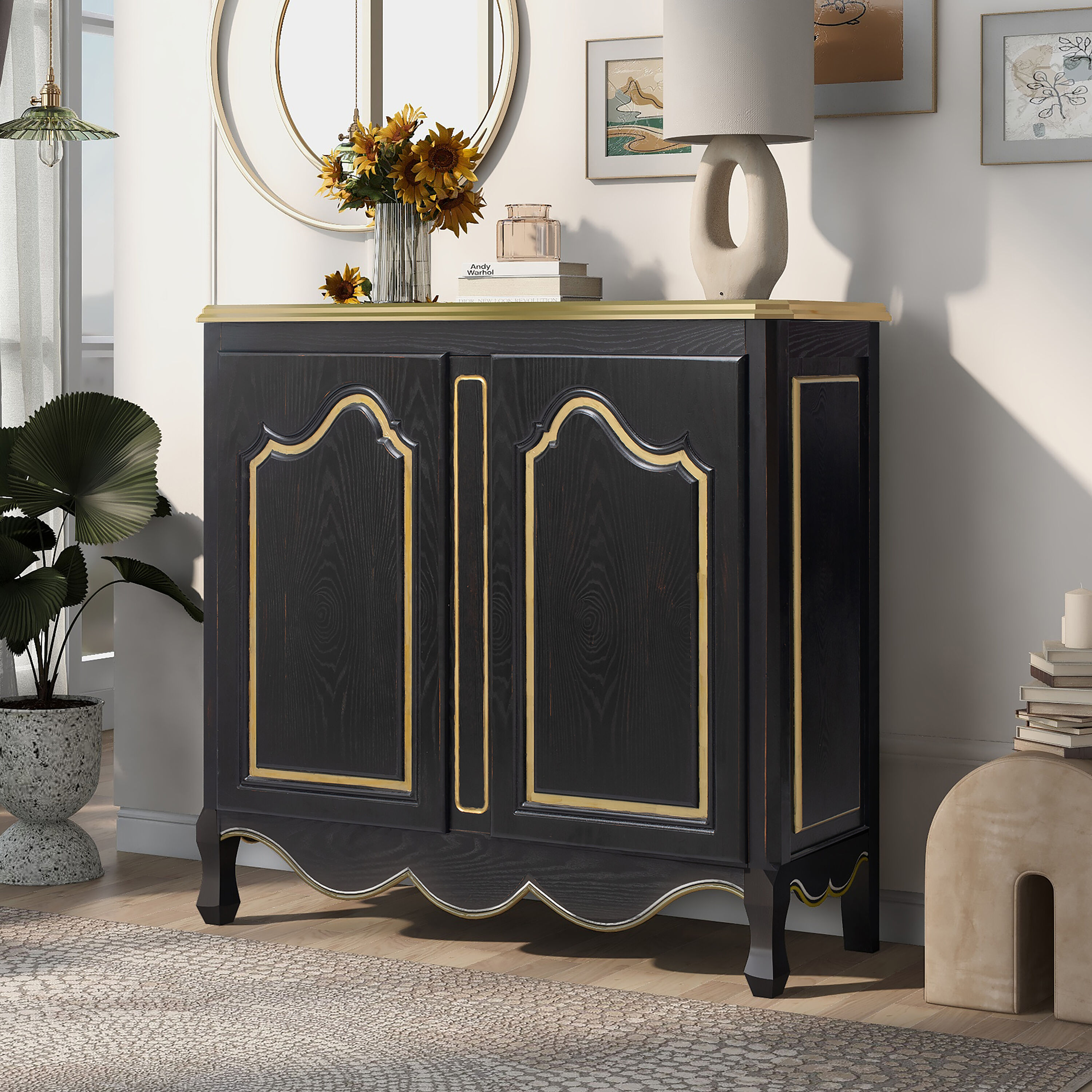 ModernLuxe Hand-Painted Gold Lines Retro Style Wood Chest with 4 Drawers  and 2 Doors, Black in the Chests department at