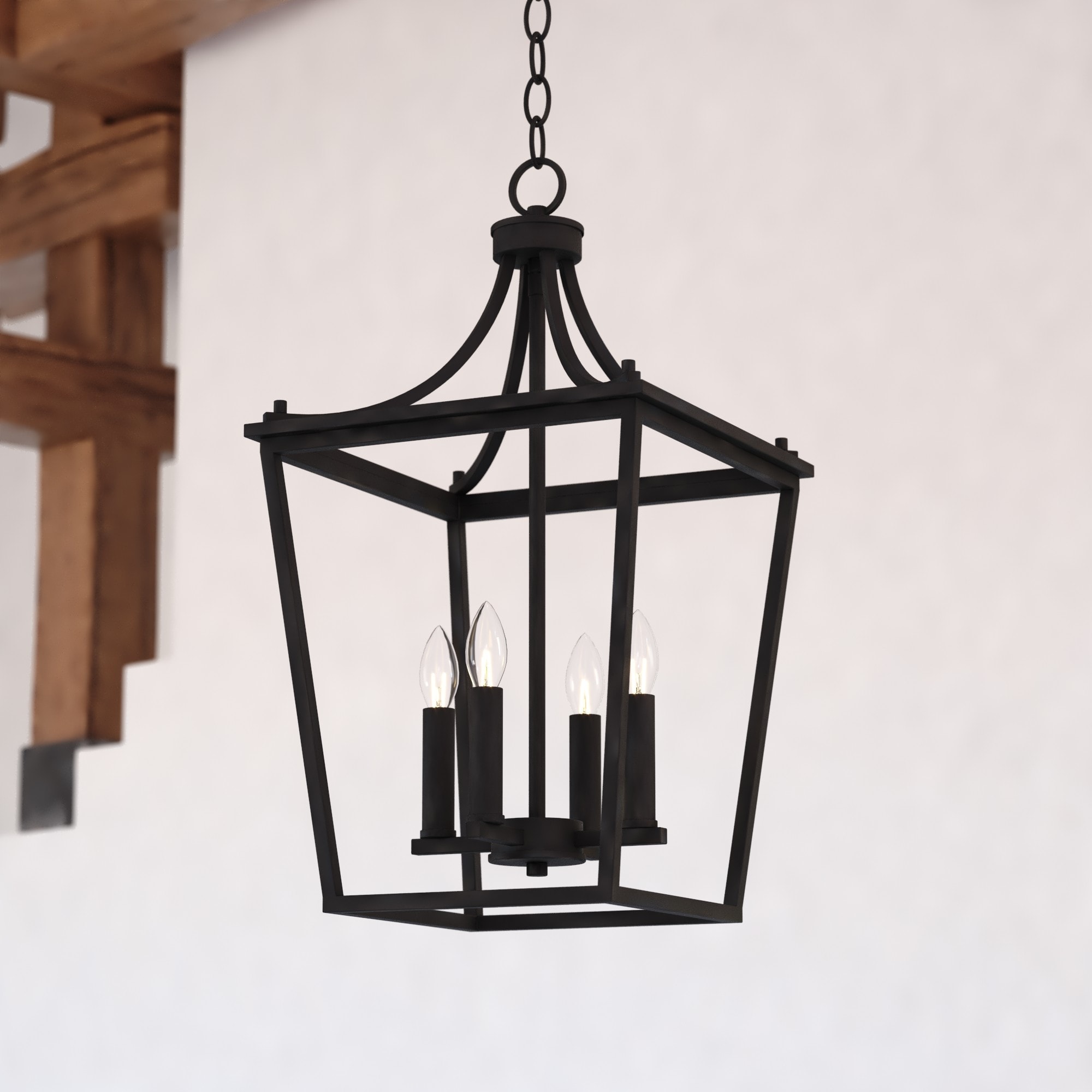 Cascadia Cottage Grove 4 -Light Matte Black Traditional Metal Lantern Medium Hanging Pendant Light