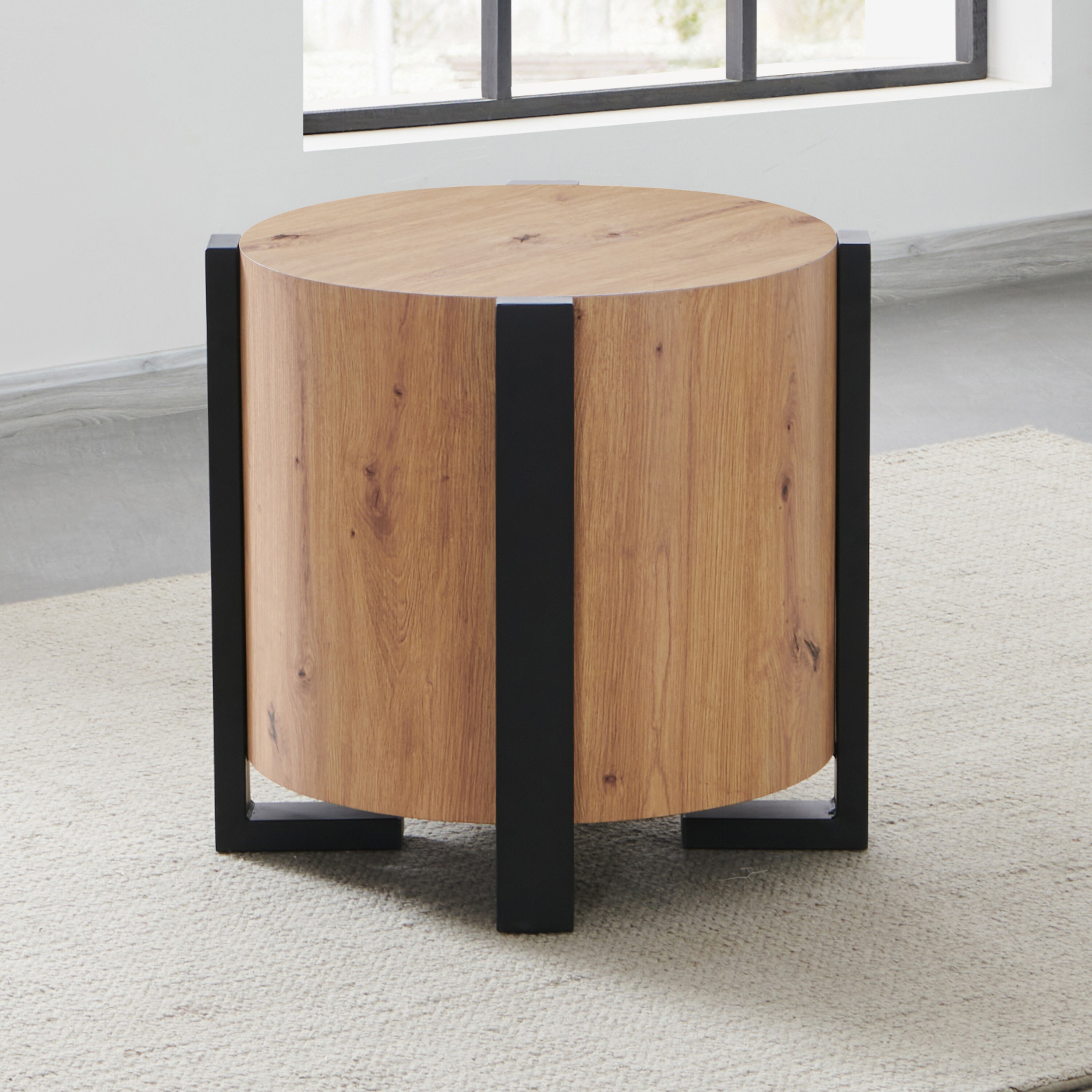 Darcie Natural Brown Round Wood End Table with Black Metal Legs
