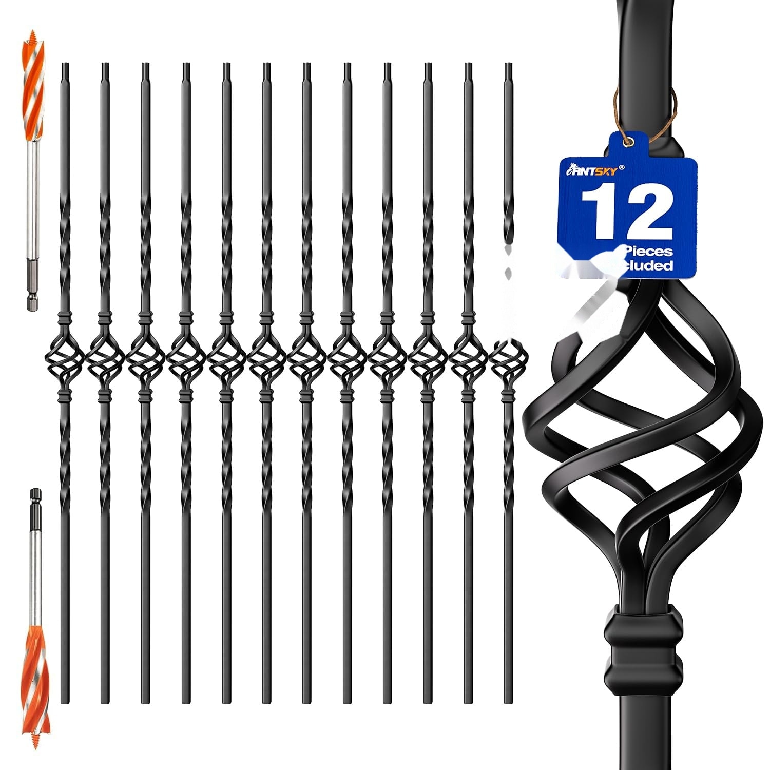 Misopily  Wrought Iron Hollow Balusters 12 Pack Black Stair Spindles with 2 Drill Bits for Indoor Staircase Railing Installation