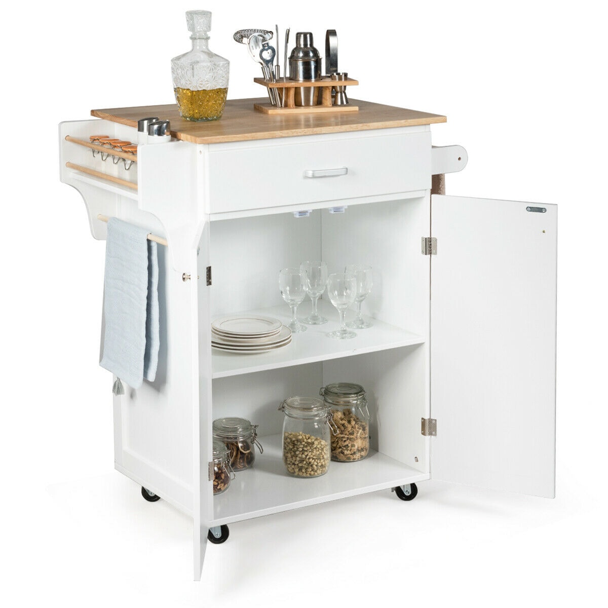Slickblue Rolling White Kitchen Island Cart with Storage Drawer 2 Door ...