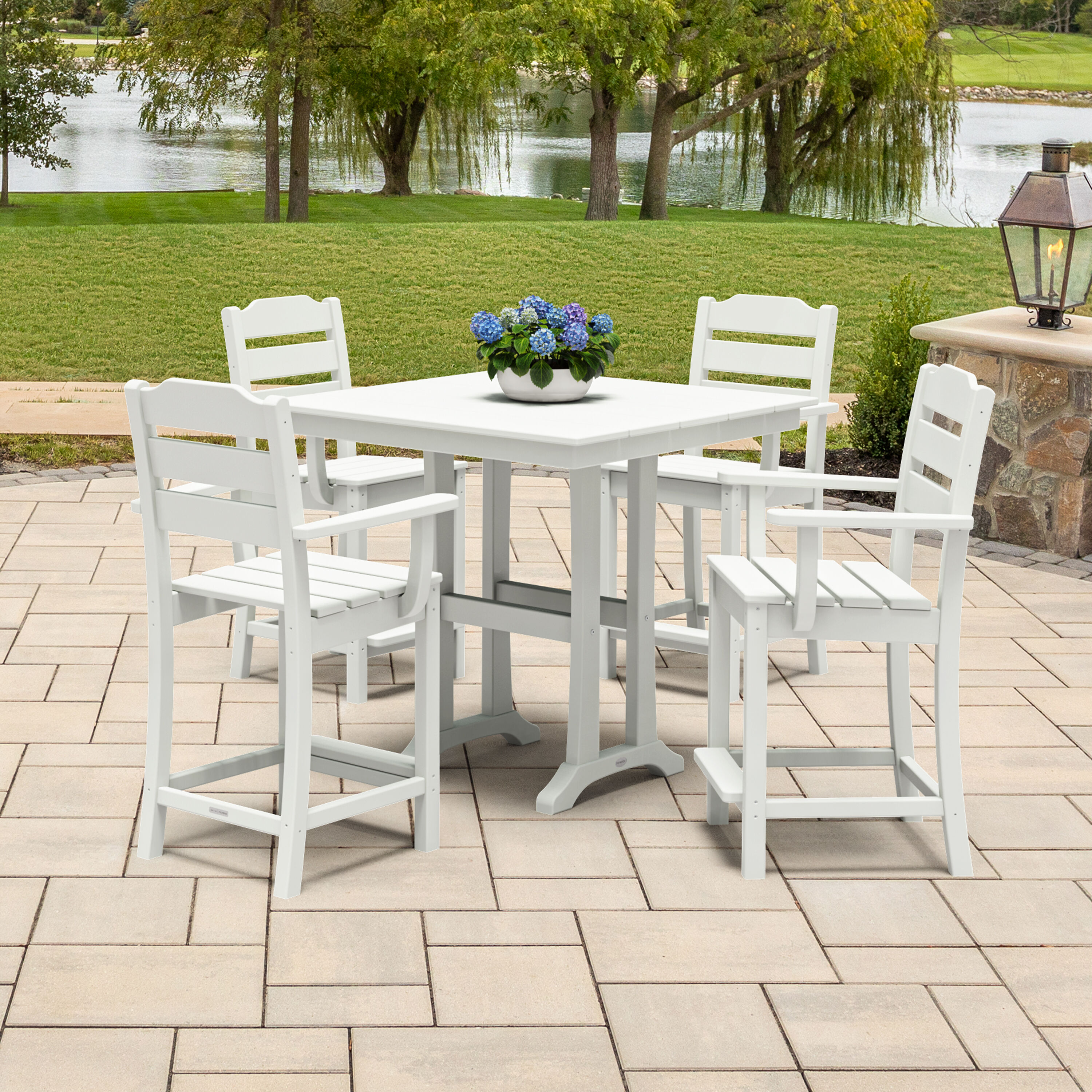 POLYWOOD PWS2536-1-WH Oakport 5 -Piece White Balcony Height Patio Dining Set Plastic Rectangle Table with 4 Stationary Chairs