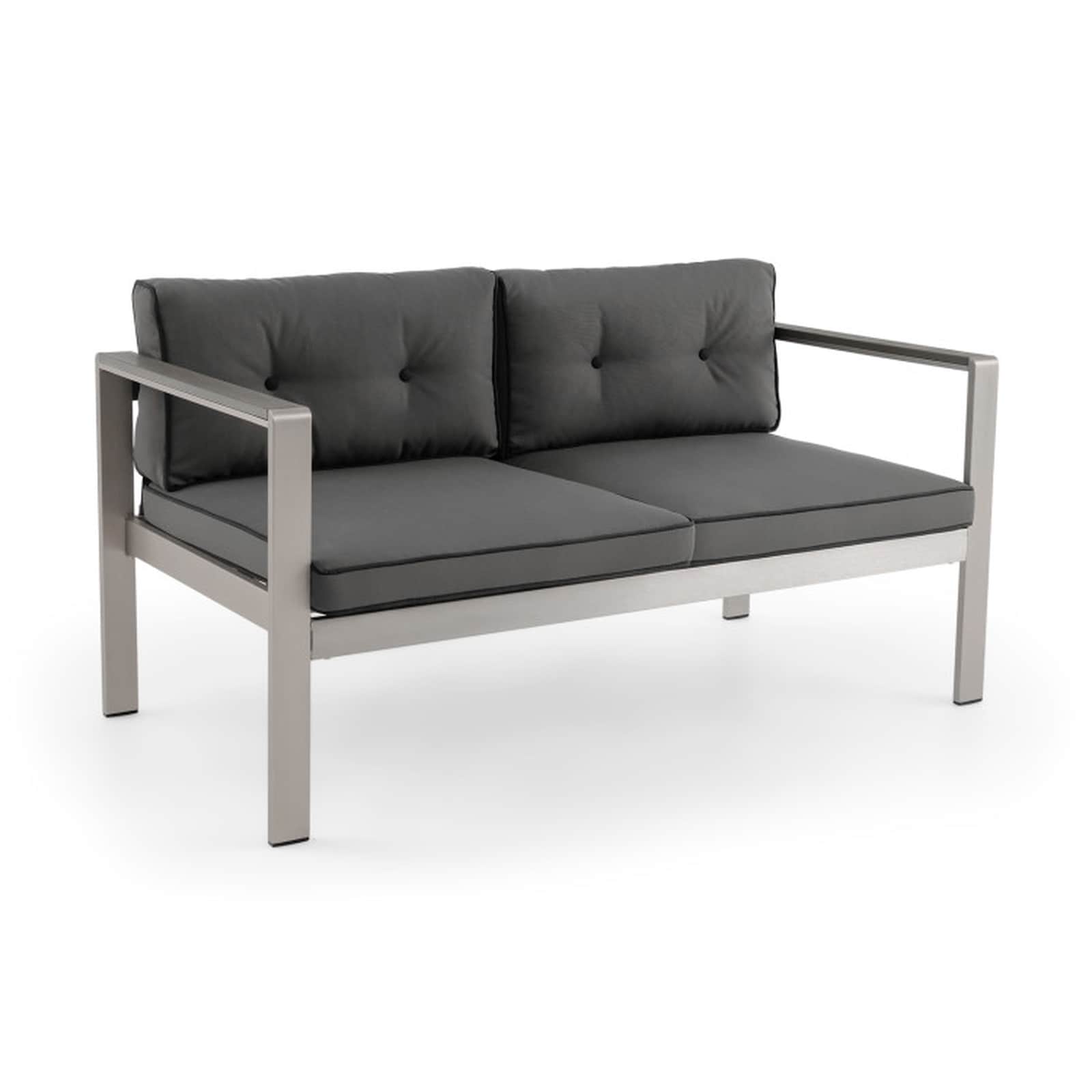 SUGIFT Outdoor 2 Person Patio Sofa Loveseat with WPC Wood-Look Armrests Ultra Wide 50 in Seat Aluminum Frame Thick Olefin Cushions with Washable Zippered Covers 660 lb Capacity Gray and Silver