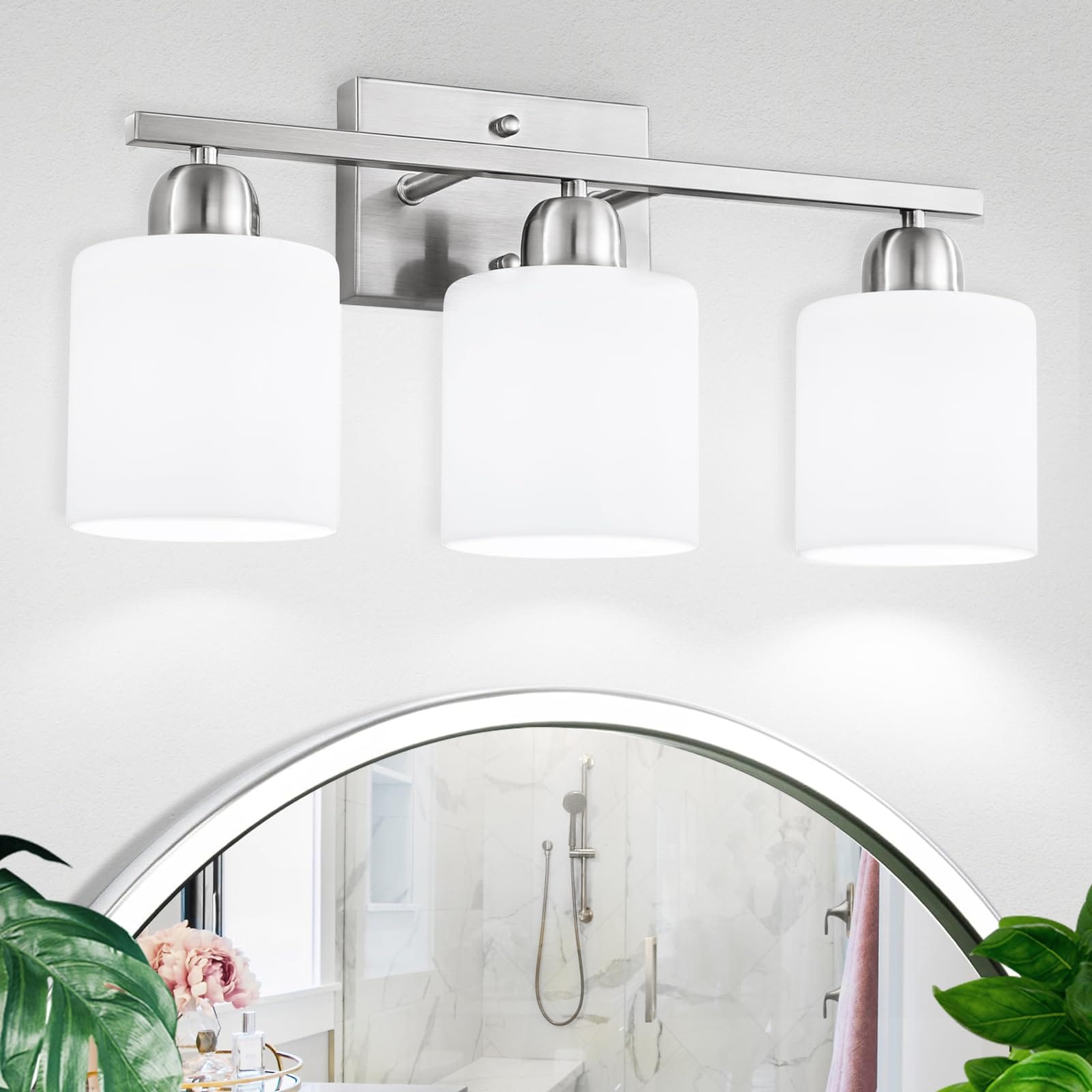 Lukvuzo  Brushed Nickel Bathroom Light Fixture Anti Rust Finish 3 Light Vanity Lights for Bathroom Bath Lights with Milky White Frosted Glass