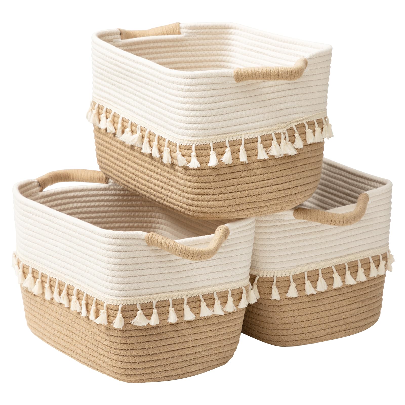 Ahfiwaso  Woven Storage Bin Set of Three Cotton Rope Baskets for Organizing Clothes Books Plants and Pet Treats White and Jute