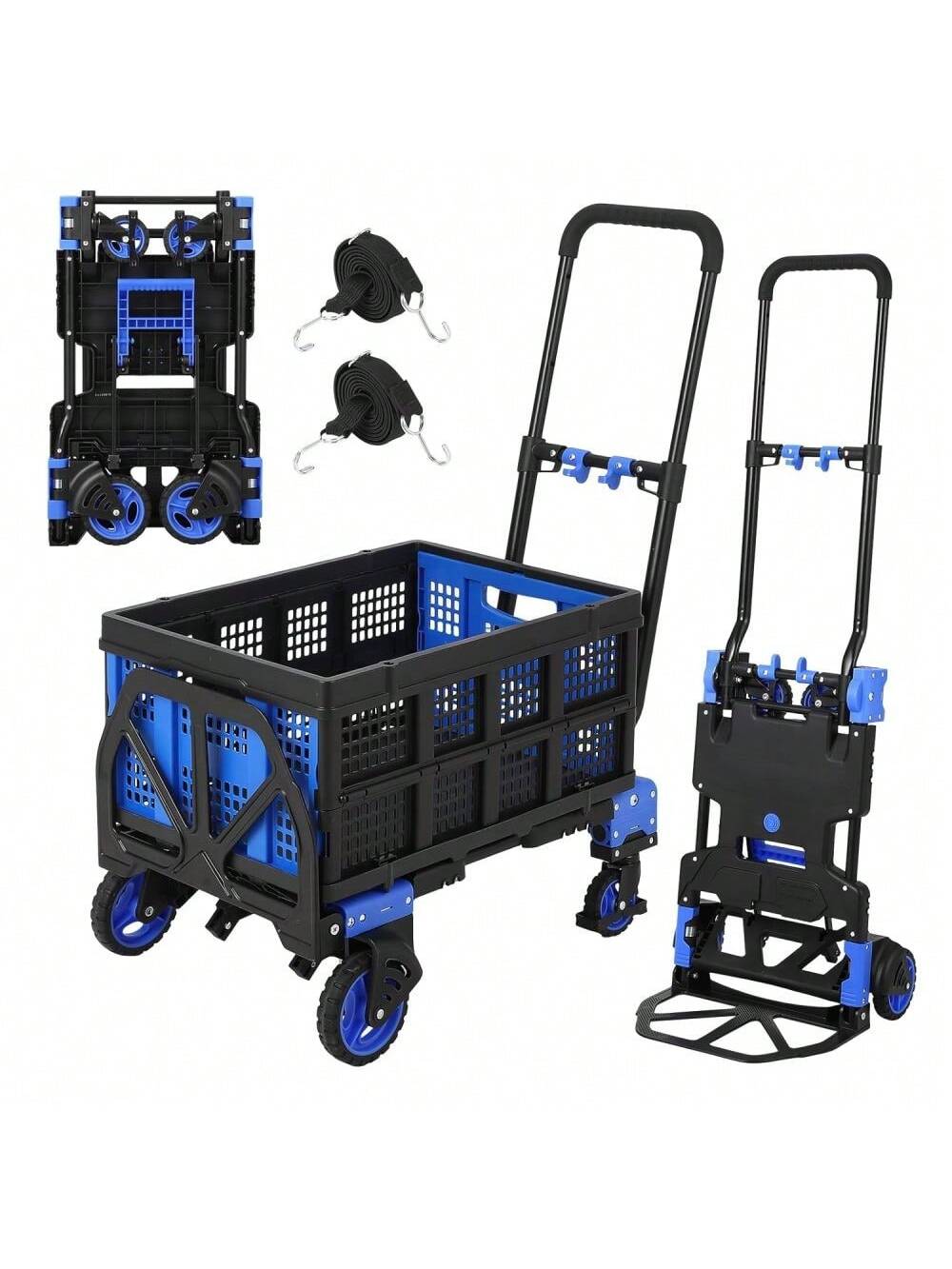 Qeetex PHO-16PKT2V4-HF4 Foldable Hand Truck Dolly With Foldable Basket. 2 In 1 Convertible Collapsible Handtruck Dolly With Retractable Handle. Portable Grocery Shopping Cart For Home Warehouse