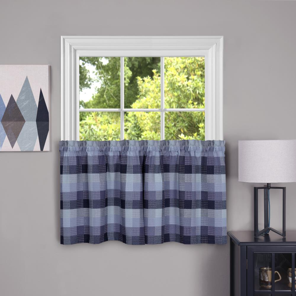 Blue Plaid Light-Filtering Cotton Polyester Window Curtain Tier Pair