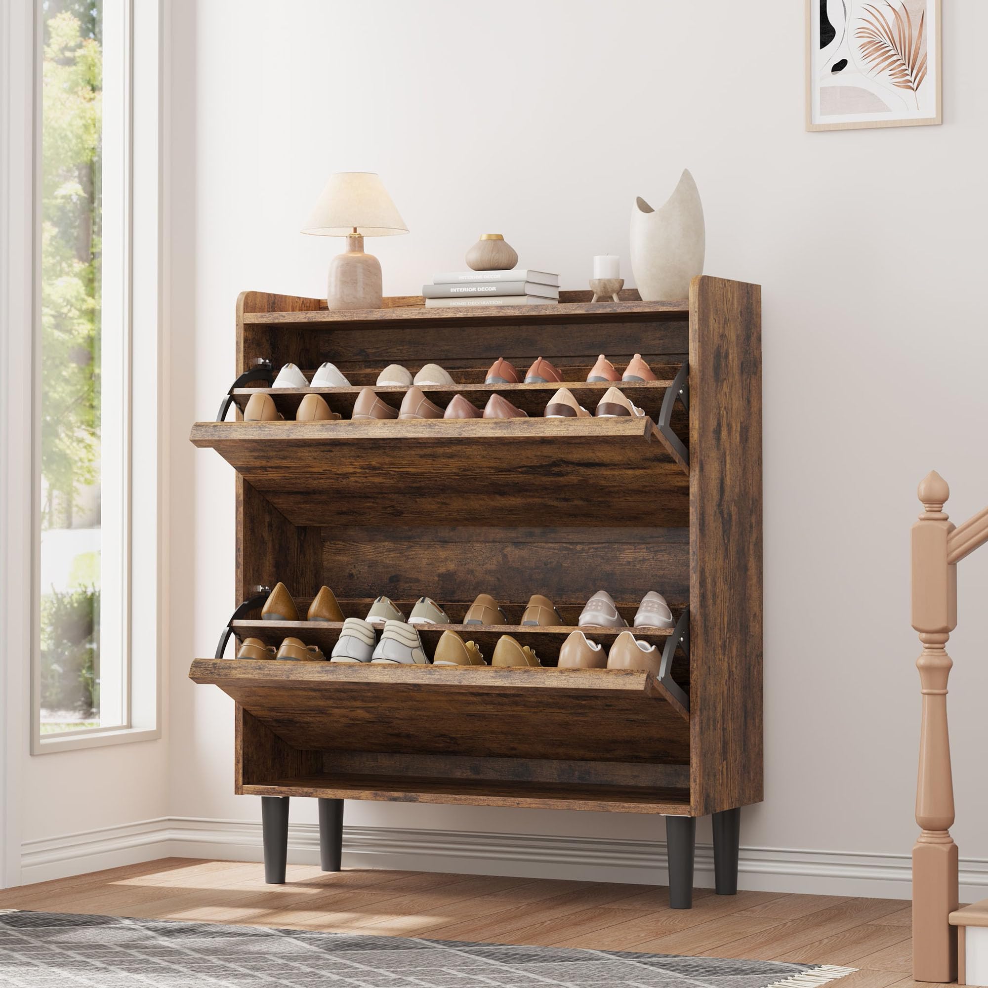 IdealHouse Shoe Cabinet with Drawers Wooden Shoe Rack Shoe Cabinet with Adjustable Shelves Entryway Shoe Cabinet Hidden Shoe Cabinet for Hallways and Living Rooms