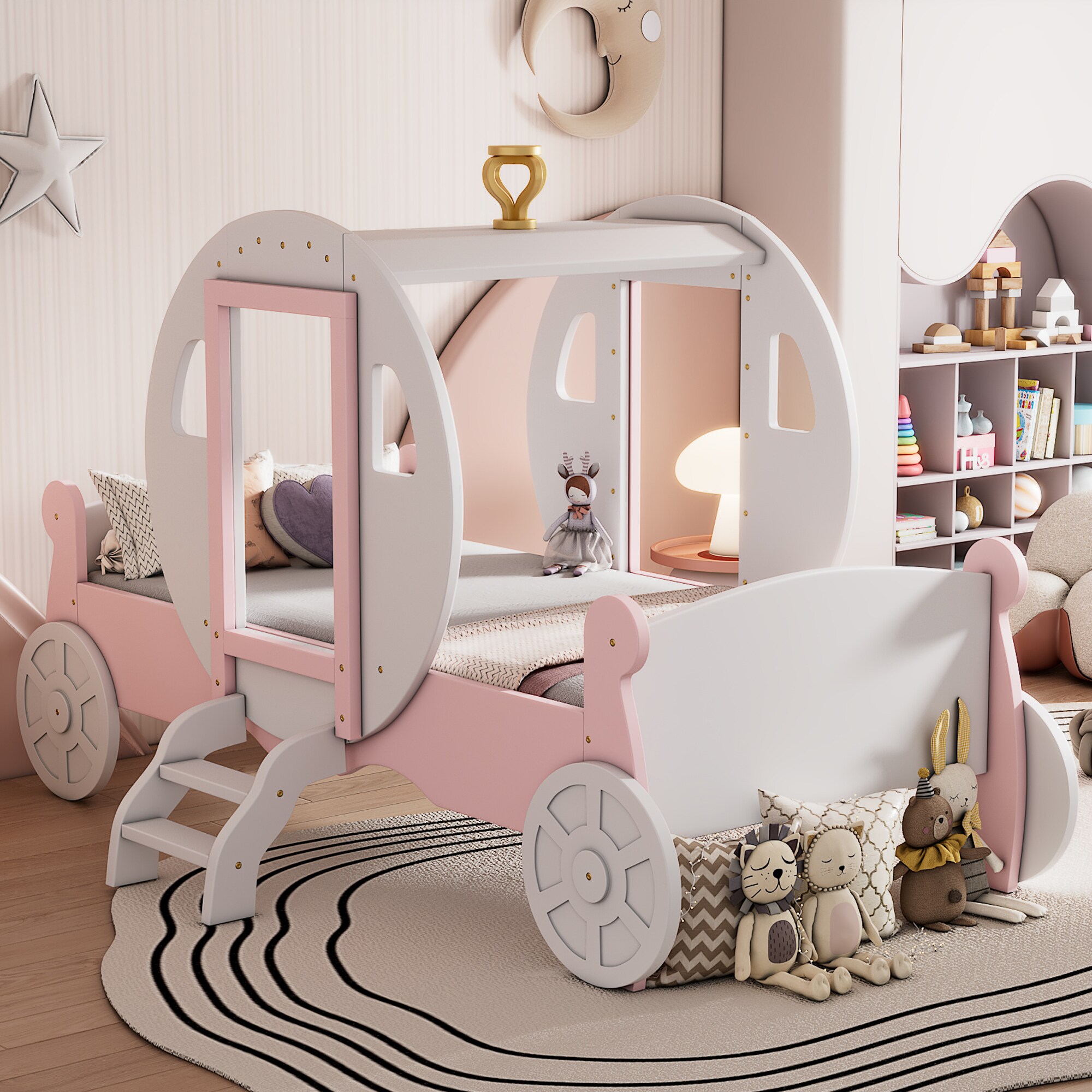 Sunrinx Twin Pink and White Bed Frame with Headboard
