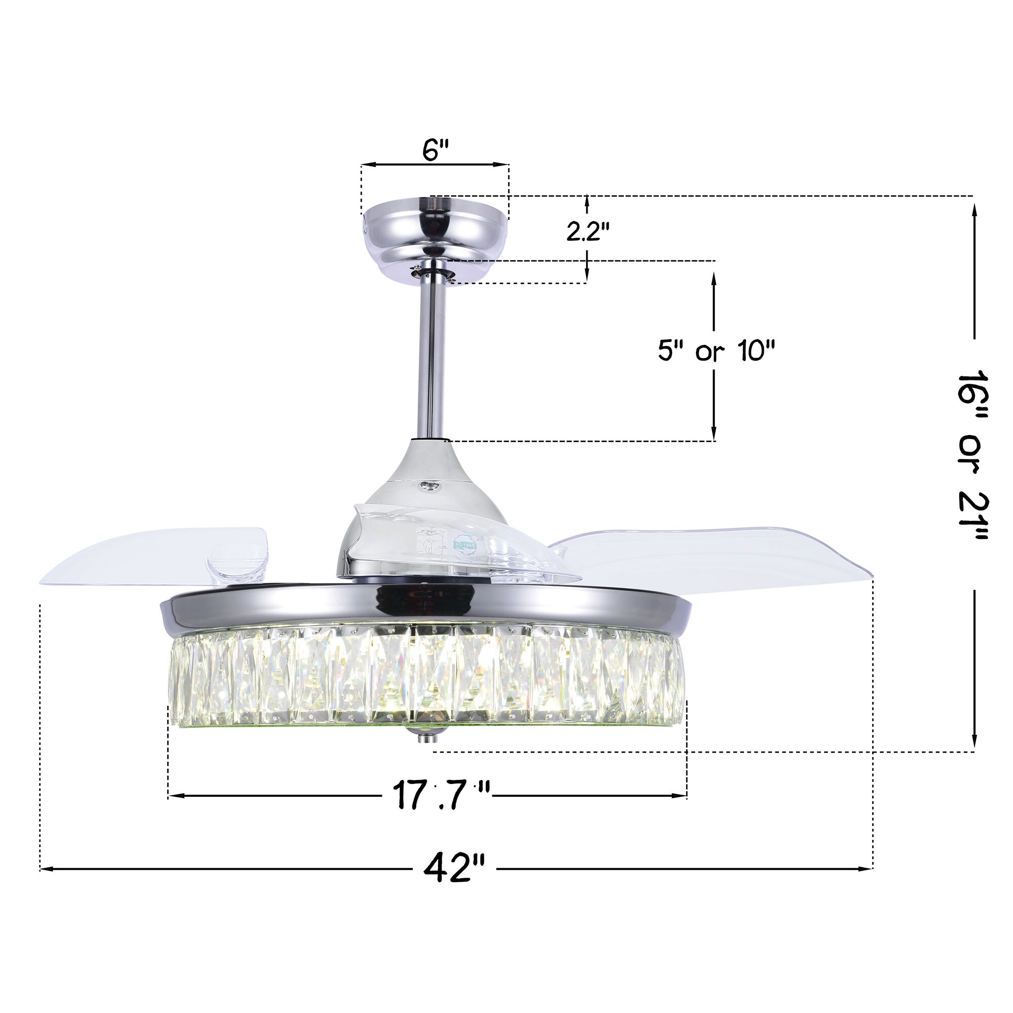 Bella Depot Retractable ceiling fan 42-in Silver with Acrylic Blades ...