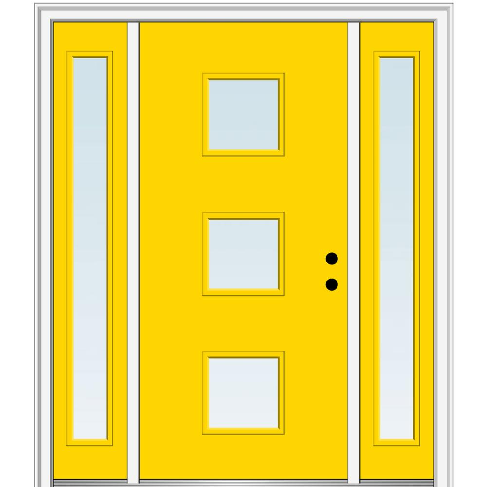 MMI DOOR ZZ348775L Spotlights 64-in x 80-in x 6-9/16-in Fiberglass Pulse lite Left-hand inswing Yellow Flash Painted Prehung Front Door with Sidelights with Brickmould Insulating core