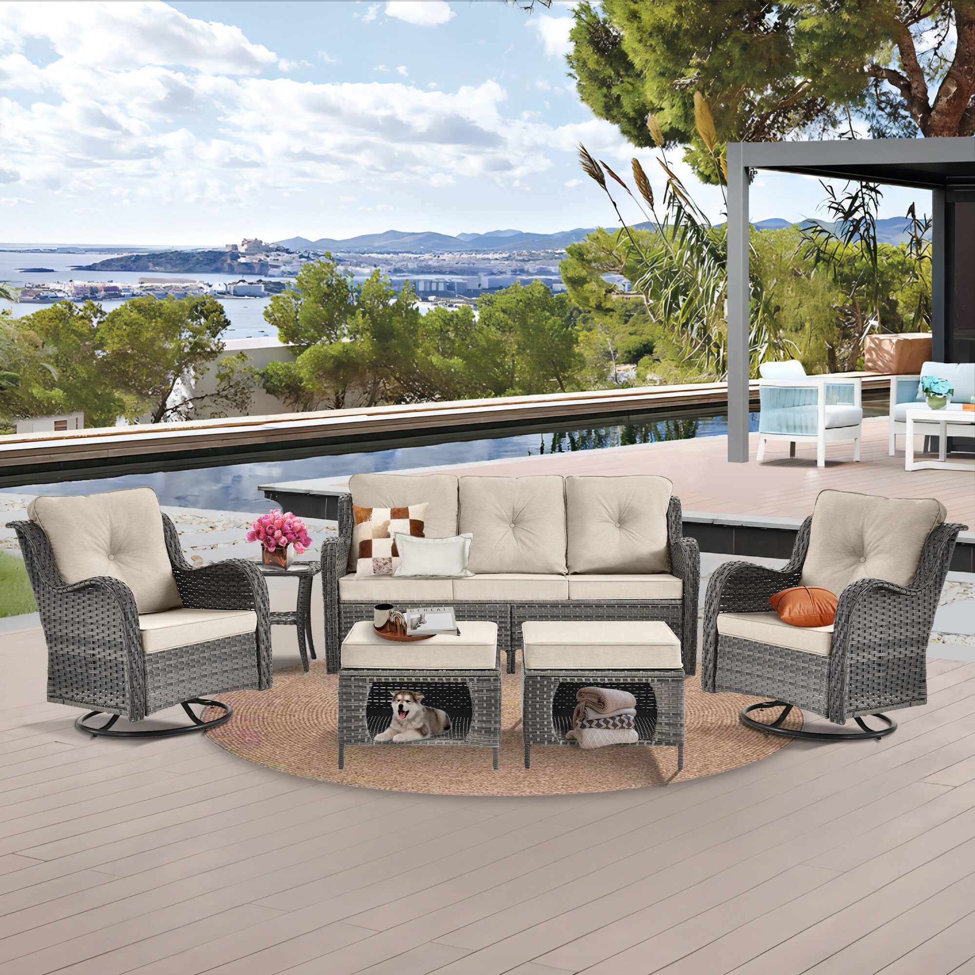 DWIOM YZX10-123 6 -Piece Wicker Patio Sofa Conversation Set with Beige Cushions