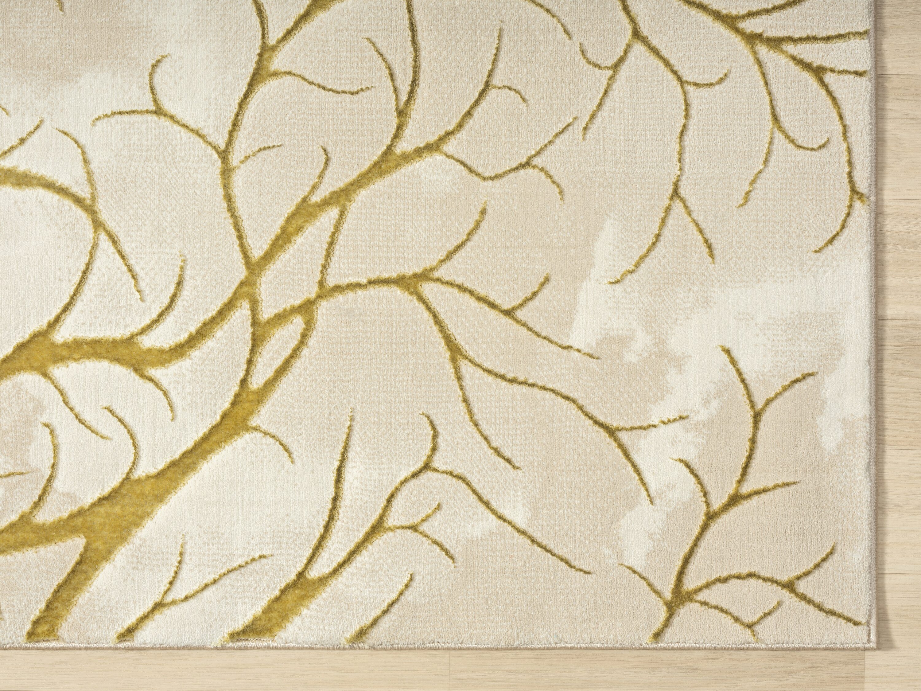 Beige and Gold Abstract Synthetic Area Rug