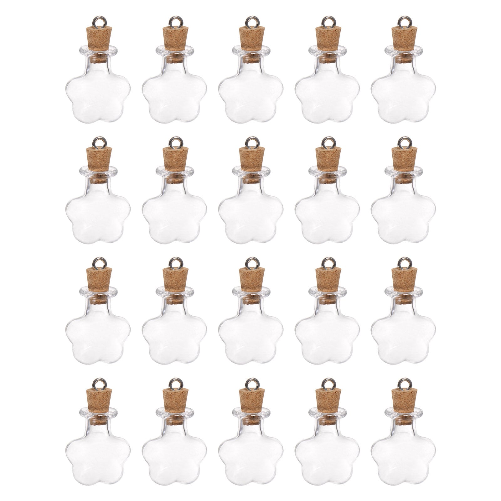 Harfington 20pcs Mini Glass Bottles with Cork Stoppers Plum Blossom Shaped Tiny Glass Jars Small Glass Vials Transparent Clear Wishing Bottles with Ring for DIY Art Crafts Party Decoration
